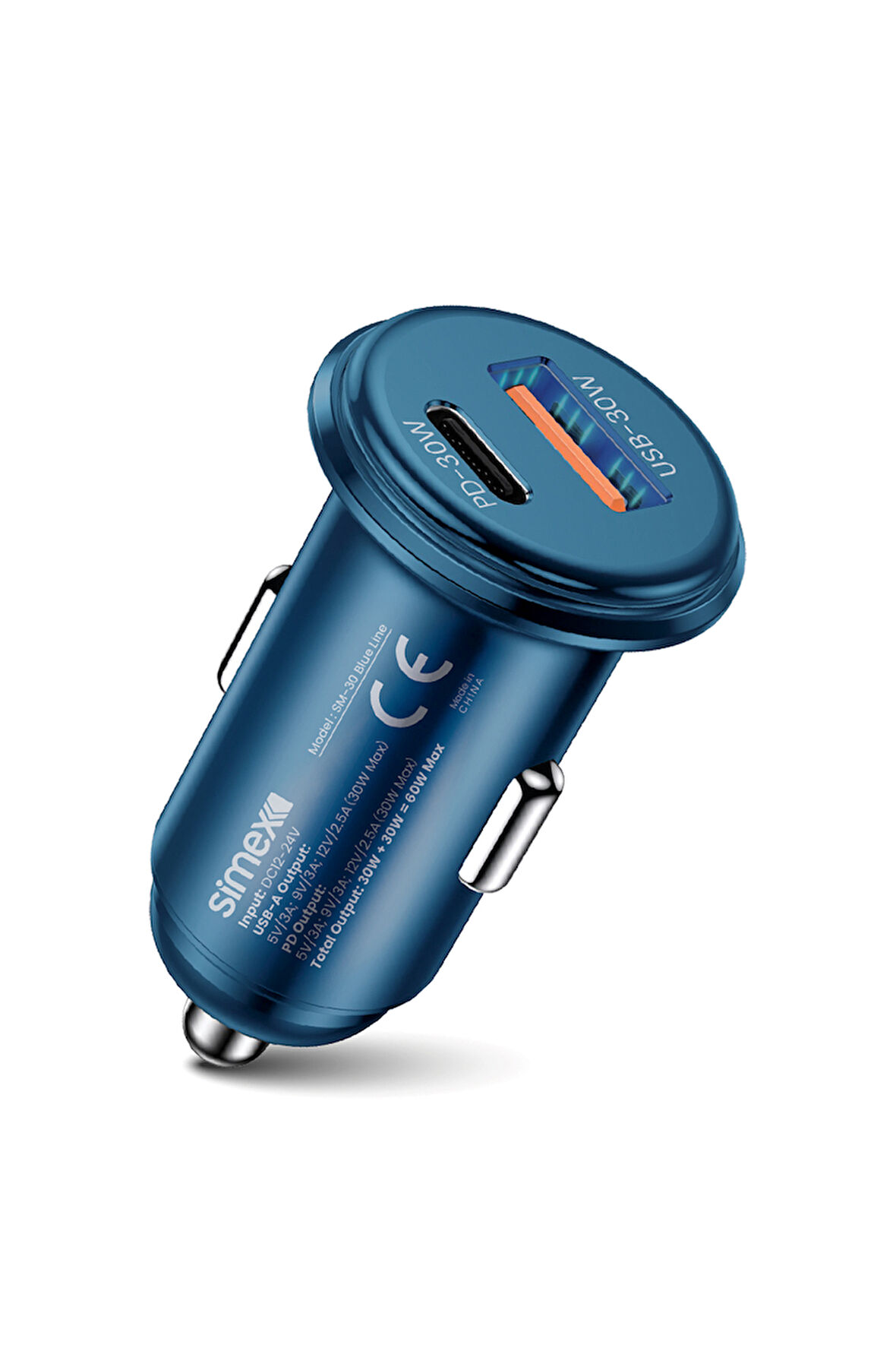 Simex Blue Line SM-30 60W Süper Hızlı Araç Şarj Cihazı PD 3.0 QC 4.0 Çift Port Mavi