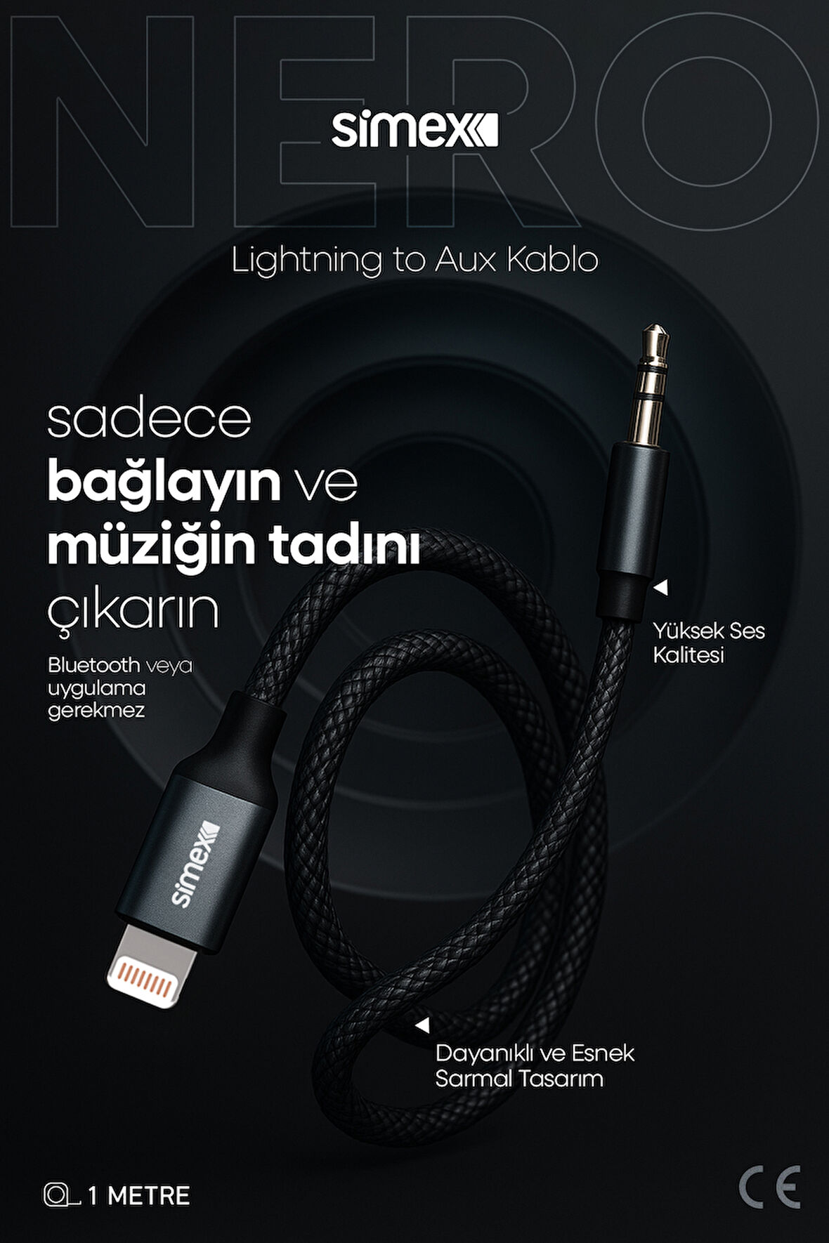 Simex Iphone Lightning To 3.5mm Kumaş Aux Ses Kablosu Stereo Destekli 1.1m Nero