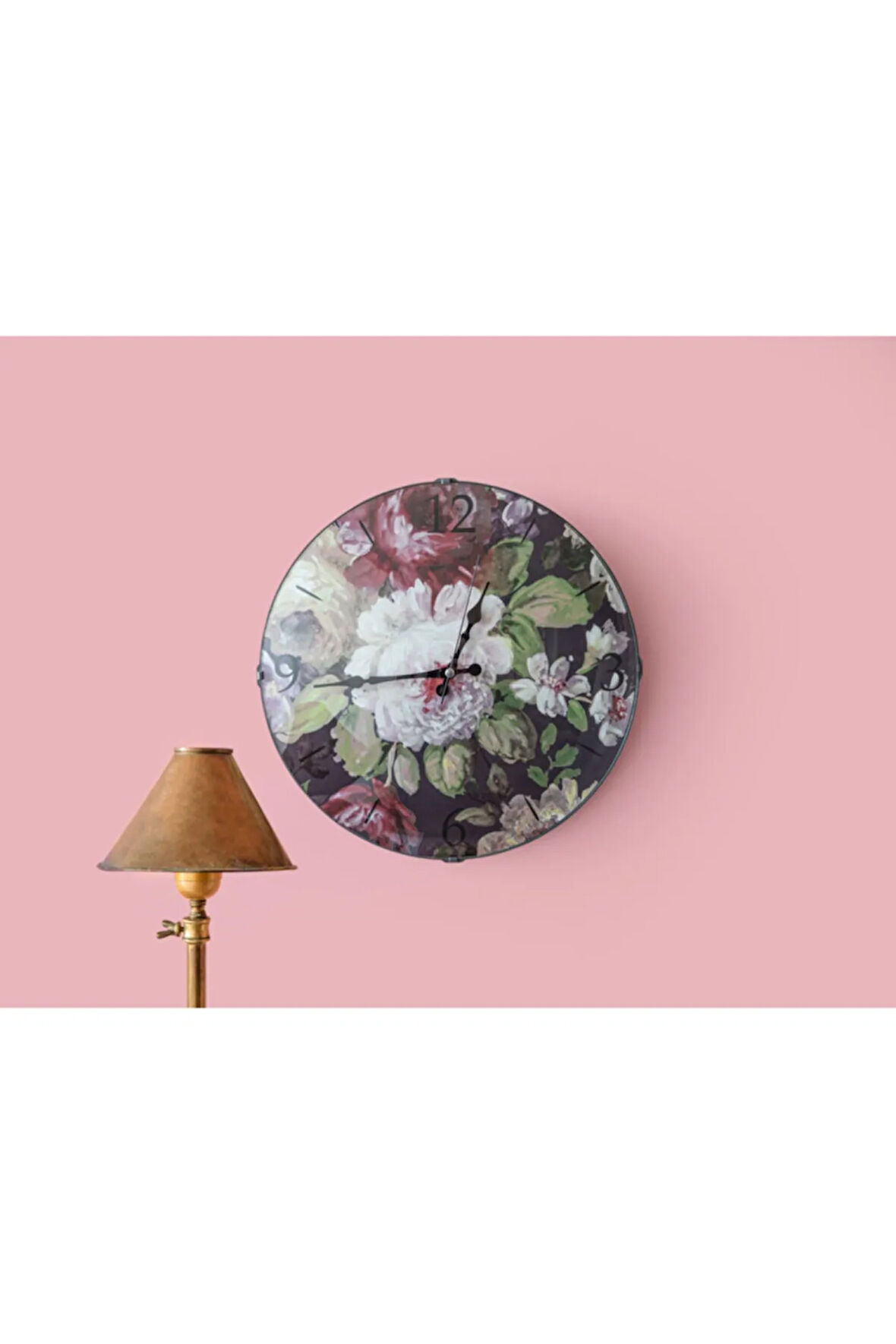 Floral Rose Cam Plastik Duvar Saati 35 Cm Pembe