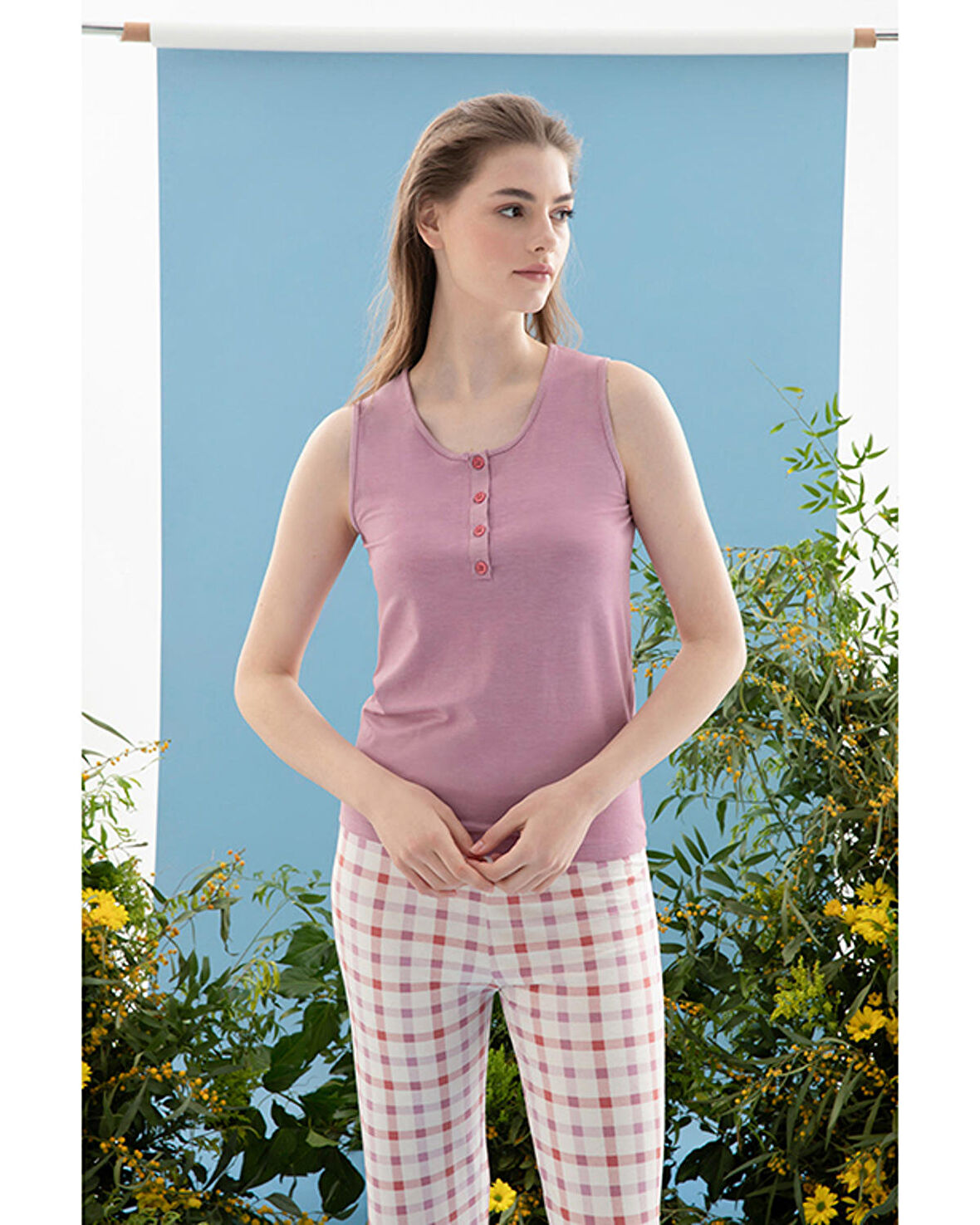 English Home Summer Check Viskon Kadın Pijama Takımı Lila