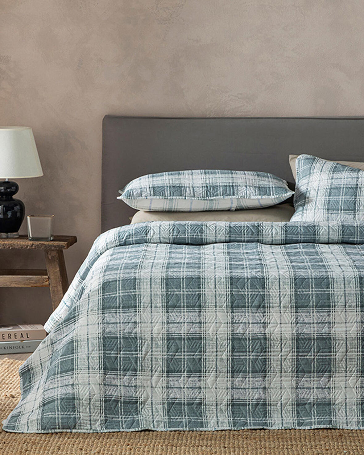 English Home Static Check Çok Amaçlı Çift Kişilik Yatak Örtüsü Takımı Gri