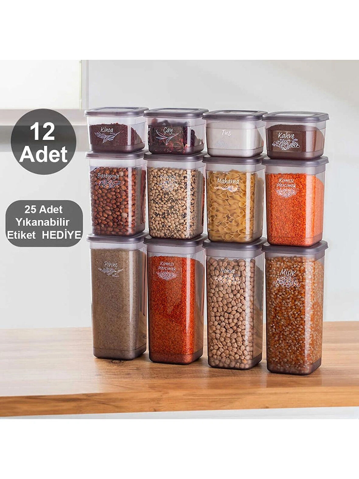 Porsima 433-GR 12 Li Etiketli Çok Amaçlı Kare Erzak Baharat Saklama Kabı Seti 1.90 1.30 0,60 Lt -Gri