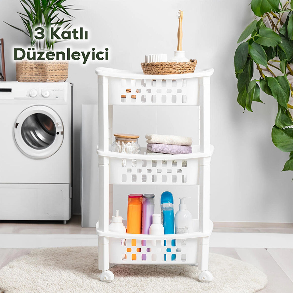 Porsima 78-1 3 Katlı Tekerlekli Organizer Raf  Çok Amaçlı Mutfak Banyo Düzenleyici Raf Ünitesi Beyaz