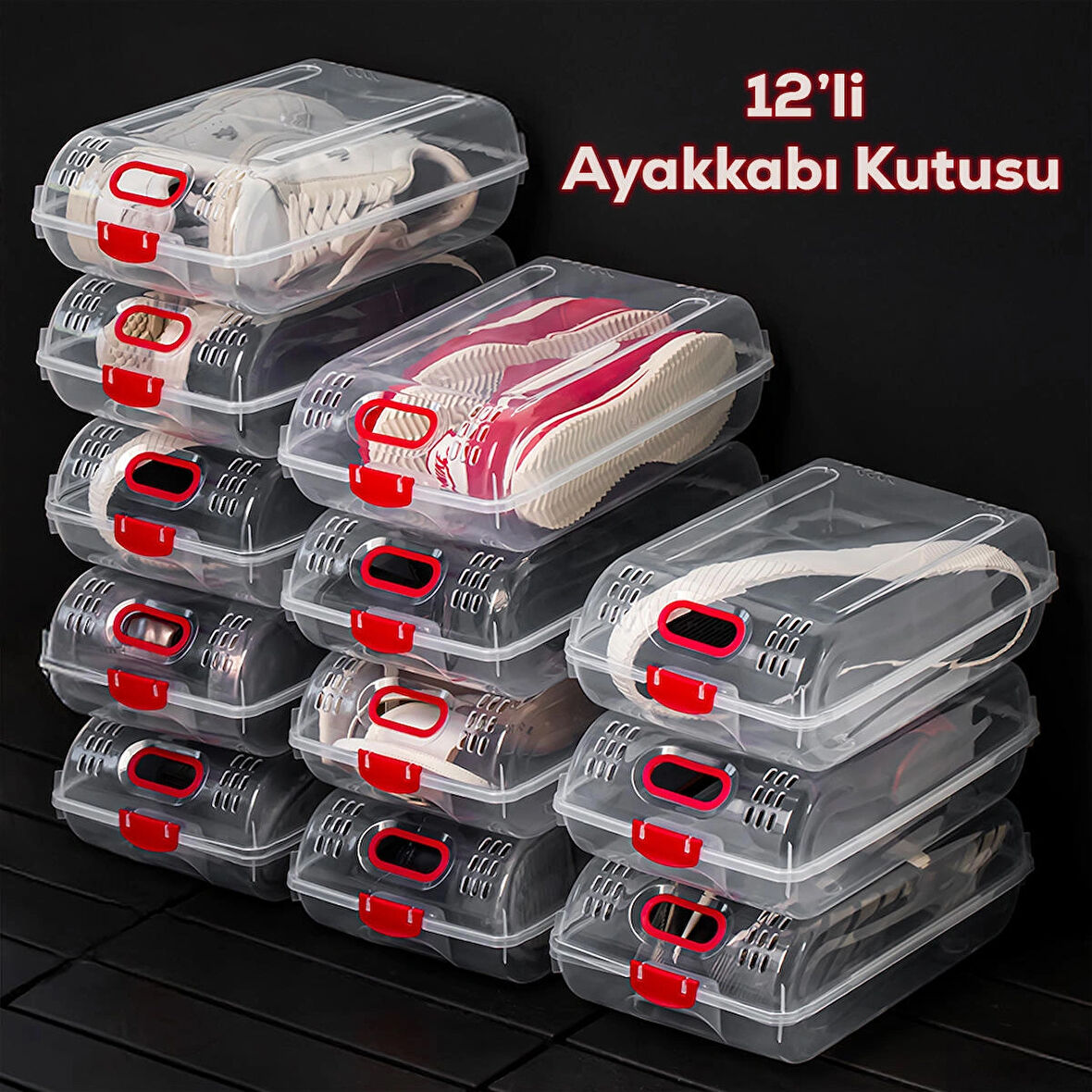 Porsima 204-12 Kadın ve Çocuk Ayakkabı Saklama Kutusu - Şeffaf Pratik Ayakkabı Kabı Düzenleyici Saklama Seti 12 Adet