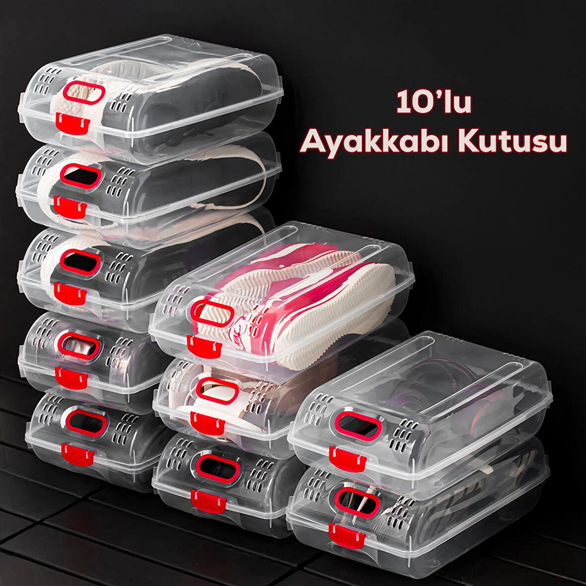Porsima 204-10 Kadın ve Çocuk Ayakkabı Saklama Kutusu - Şeffaf Pratik Ayakkabı Kabı Düzenleyici Saklama Seti 10 Adet