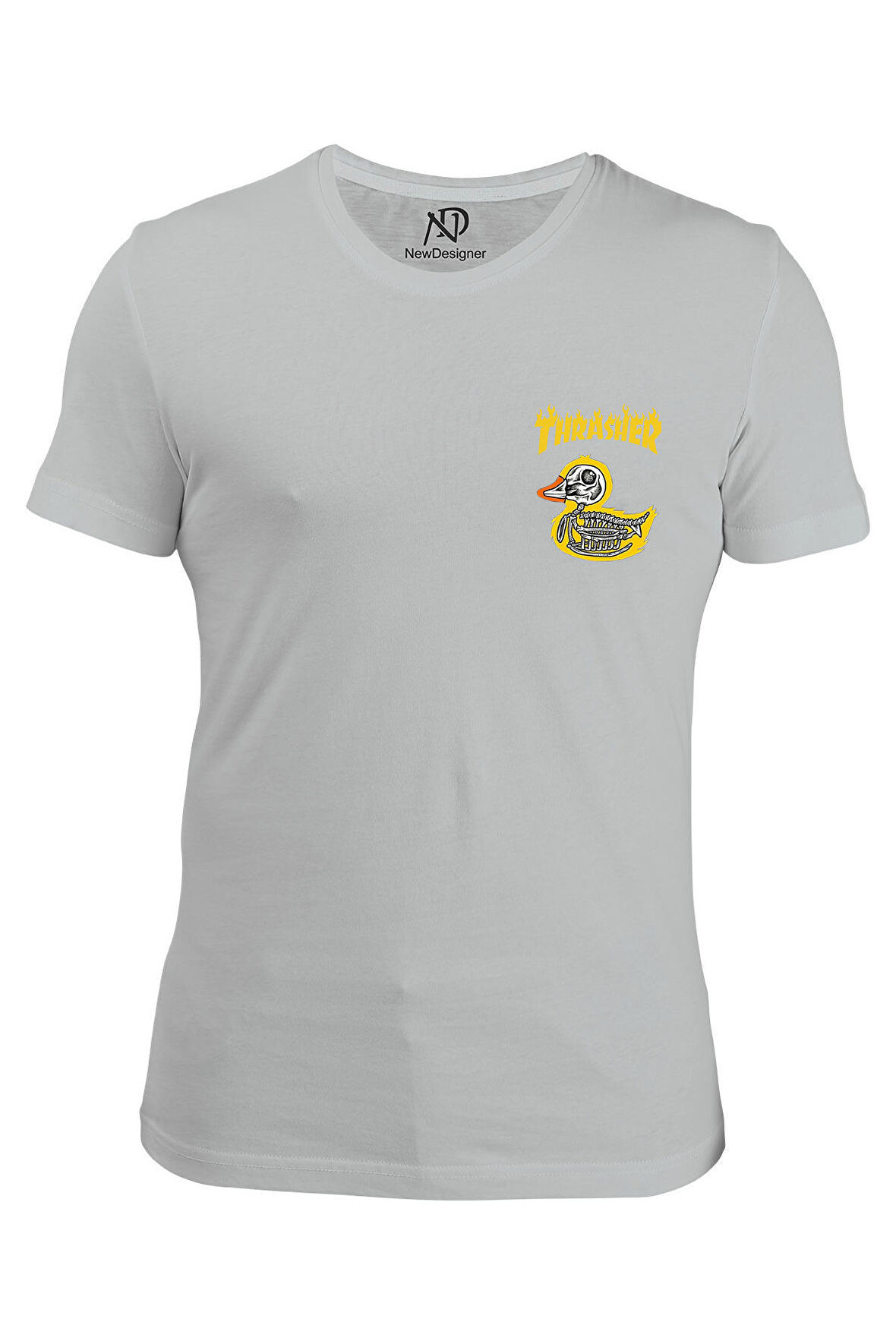 Erkek Bisiklet Yaka Beyaz Tshirt Trasher Ördek