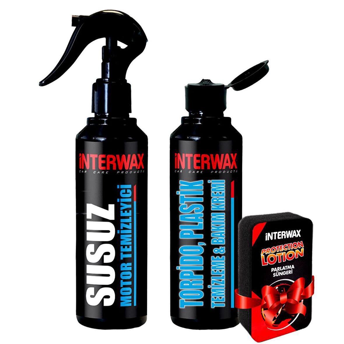 INTERWAX 2'Lİ OTO BAKIM ve TEMİZLİK SETİ SUSUZ MOTOR TEMİZLEYİCİ + TORPİDO PARLATICI KREM + SÜNGER