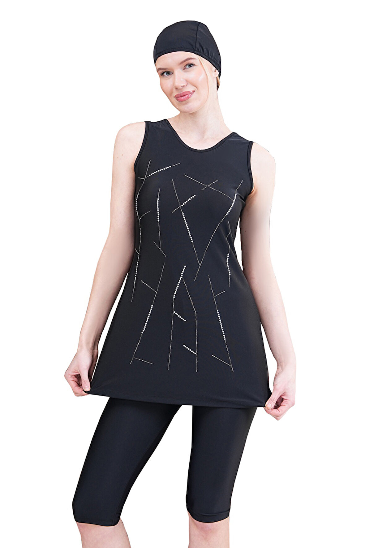 Taş Detaylı Likralı Sıfır Kol Yarı Kapalı Tesettür Mayo Arzu 2519 Siyah | S