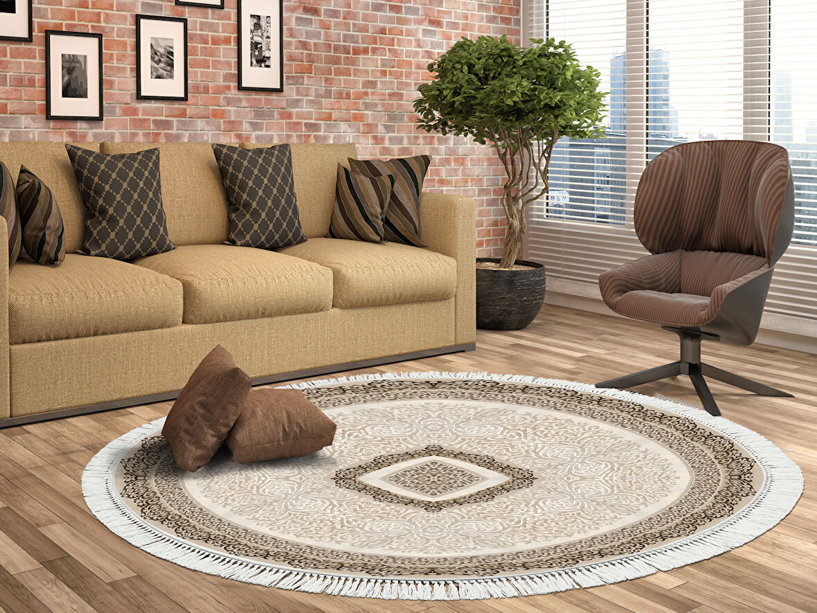 Dekoreko İnci Halı Dijital Saçaklı Yuvarlak 1818