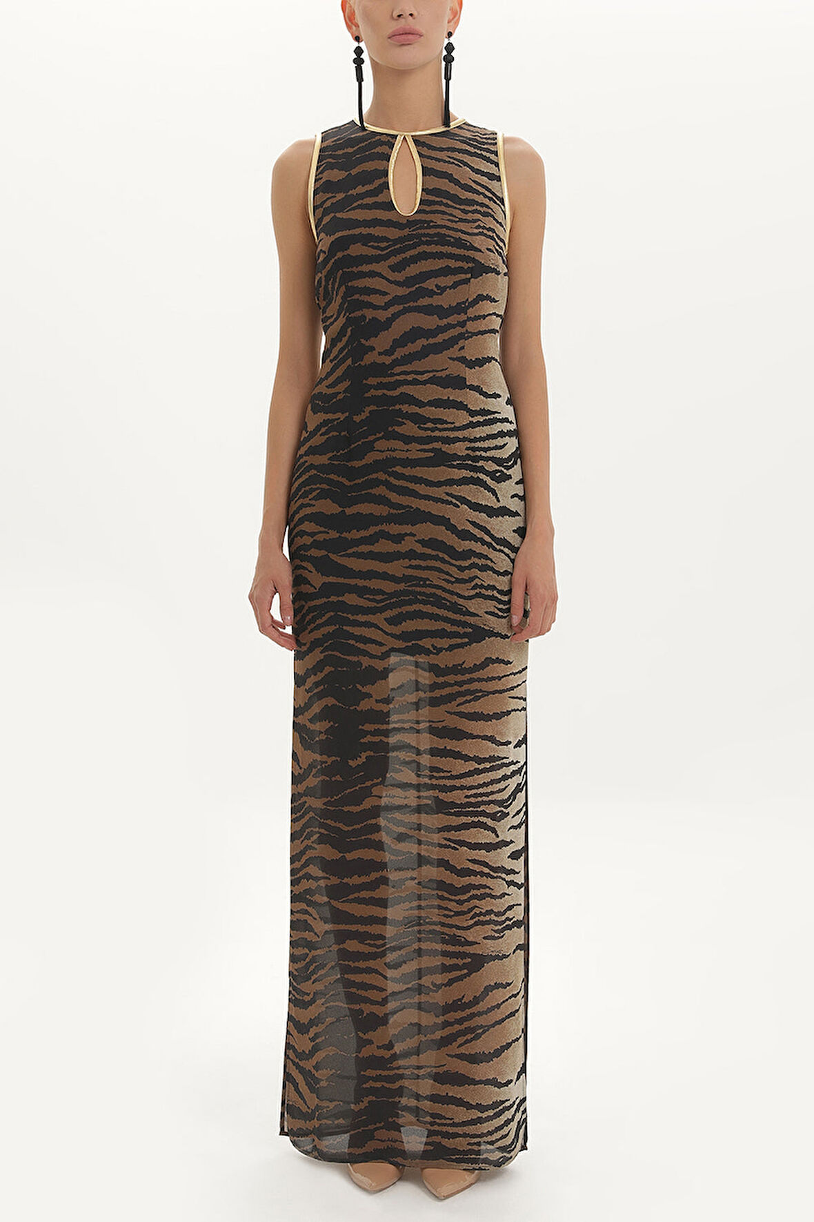 Siyah Leopar baskılı uzun şifon uzun elbise 91364 | 40