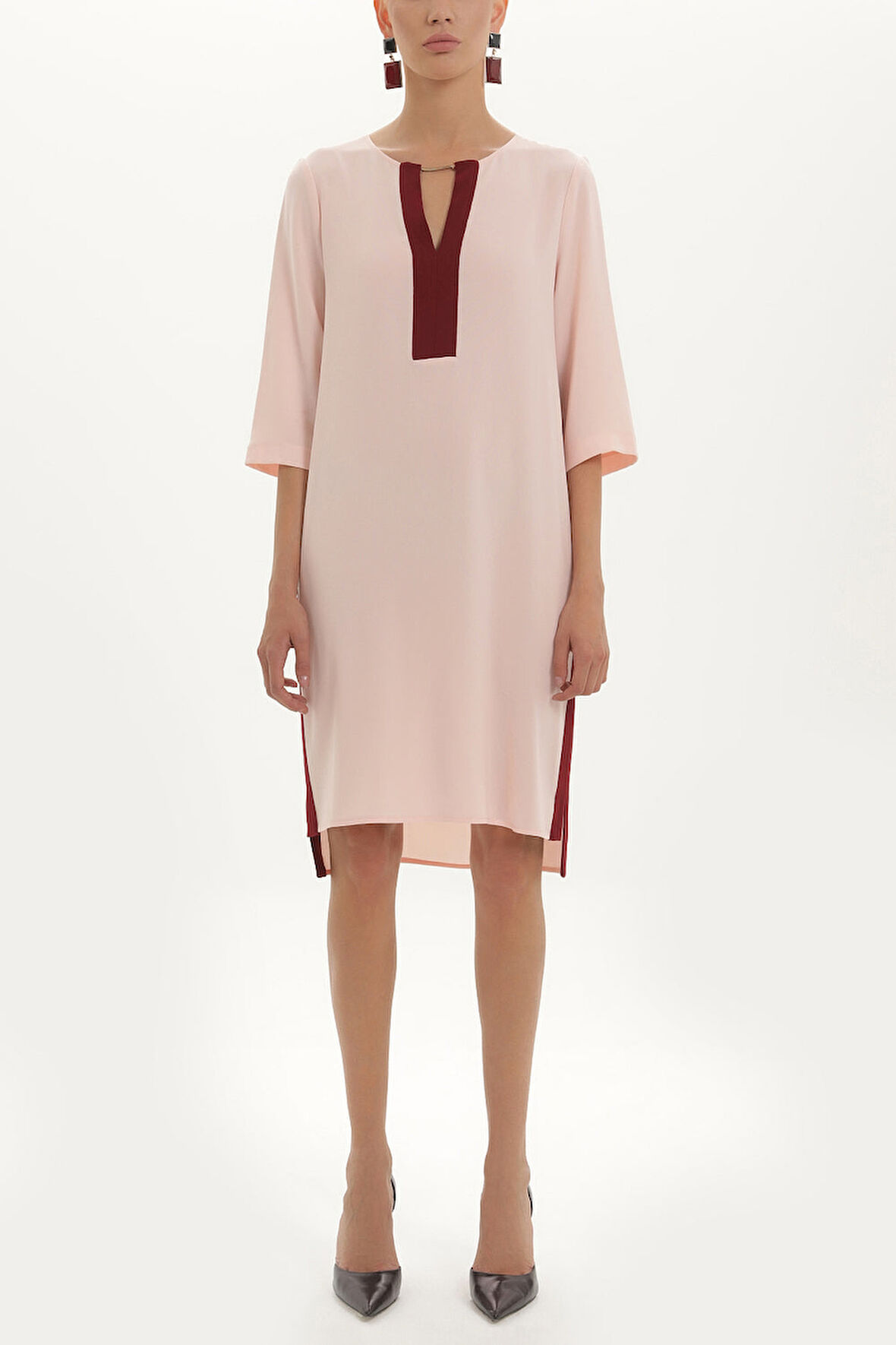 Pembe Yakası aksesuarlı bol kesim midi elbise 91428 | 40