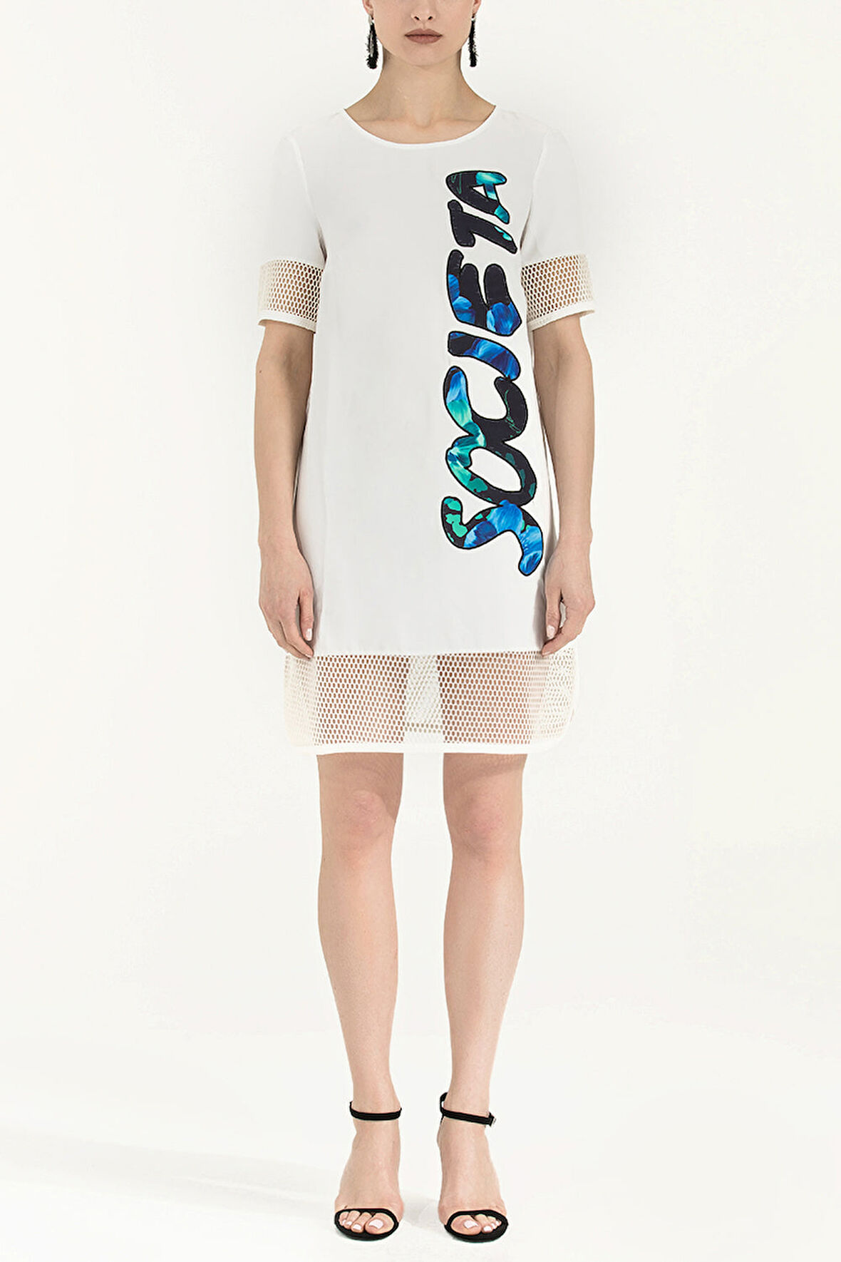 Beyaz File kumaş mixli mini elbise 91434 | 42