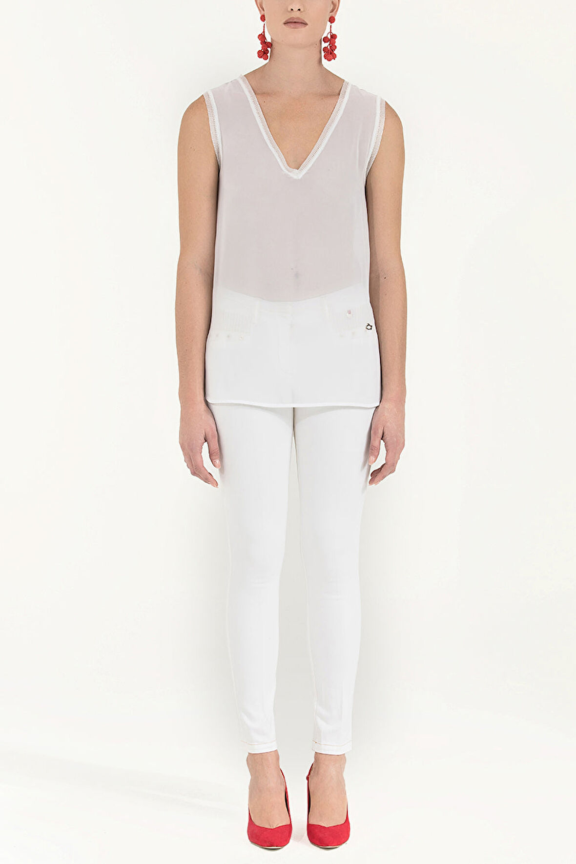 Beyaz Triko Bantlı Şifon Bluz  19333 | 44