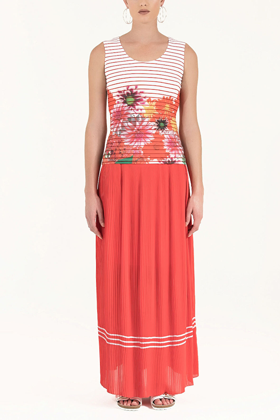 Ekru Çiçek baskılı kolsuz örme bluz 19329 | 40