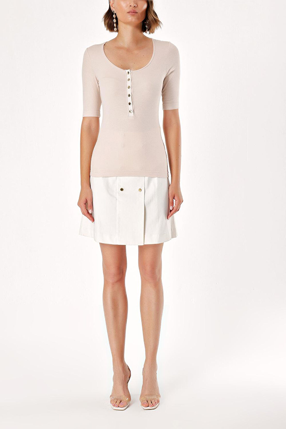 Bej DÜĞME DETAYLI ÖRME BLUZ  19323 | 44