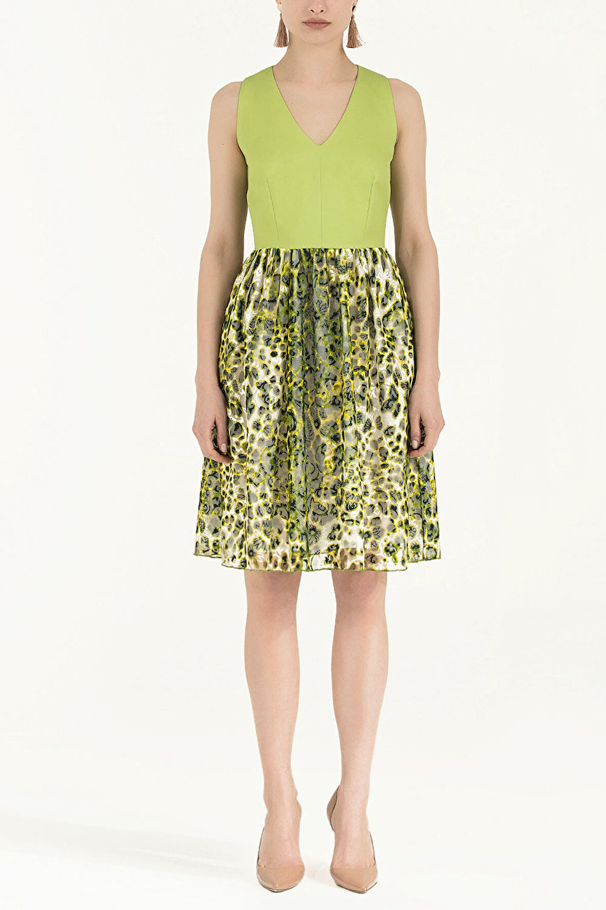 Yeşil Dantelli V yaka pamuk mini elbise 91843 | 40