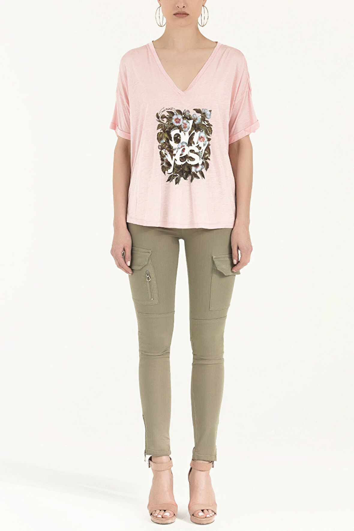 Pembe Krem Baskılı V yaka bluz 19583 | 42