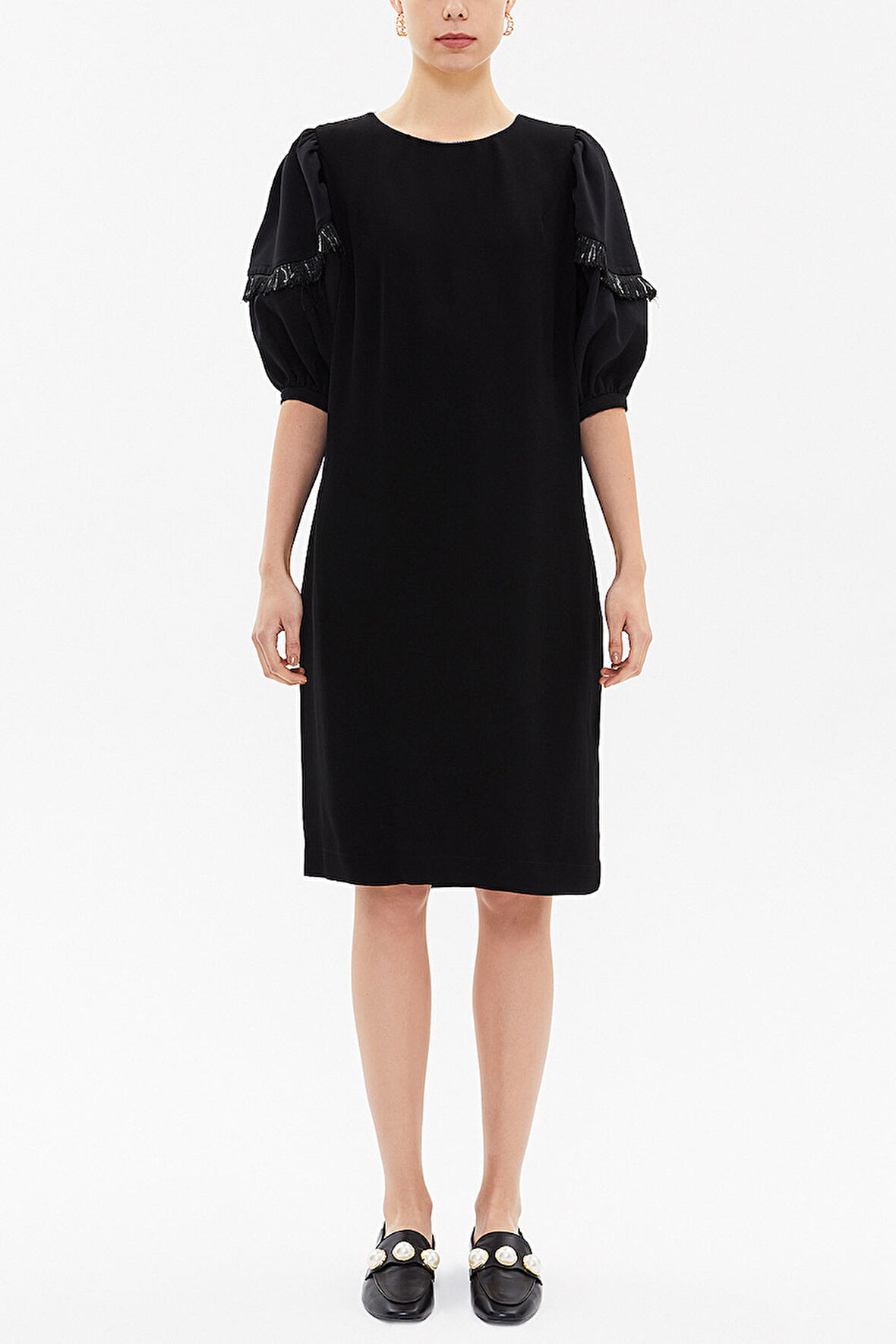 Siyah Balon kol bol kesim midi elbise 92048 | S