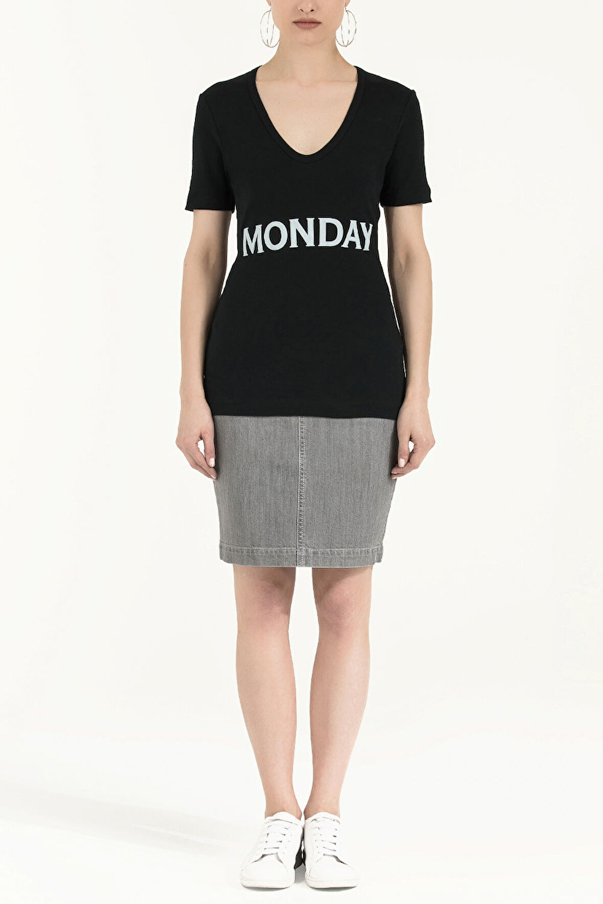 Siyah V yaka baskılı örme bluz 19594 | 44