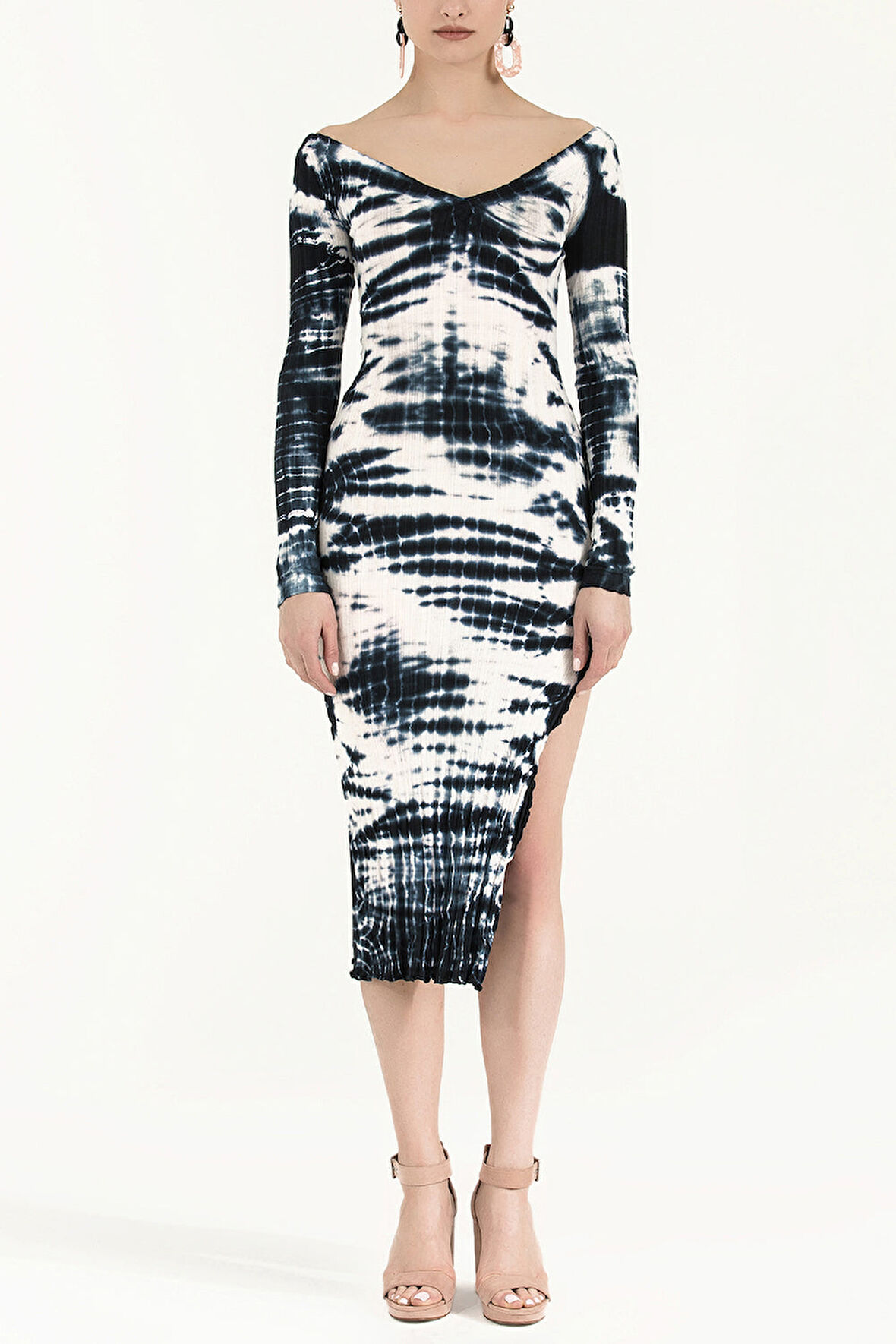 Beyaz Kayık yaka degrade  örme midi elbise 92120 | 42