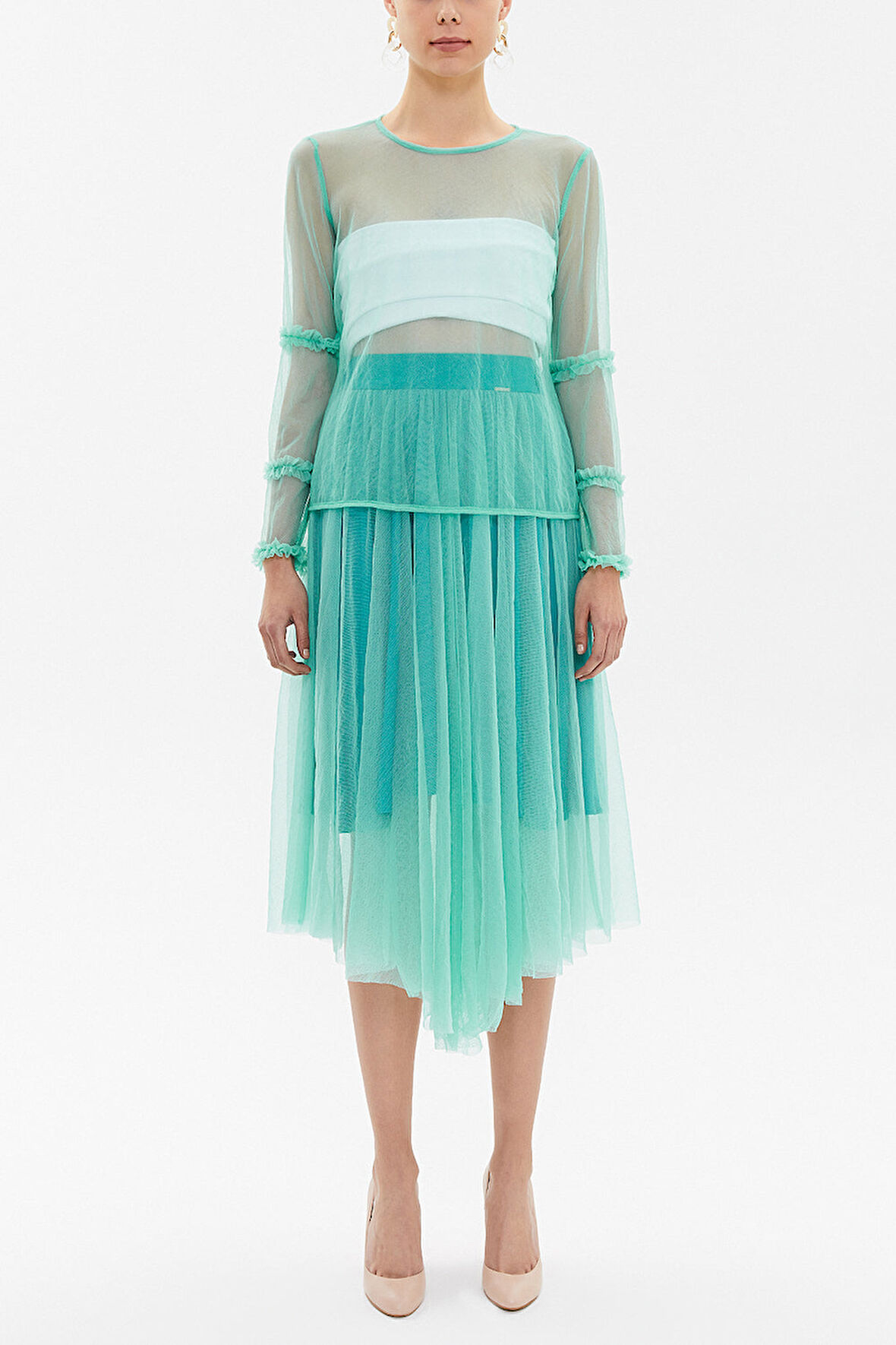 Yeşil Kolları büzgülü tül bluz 19657 | S