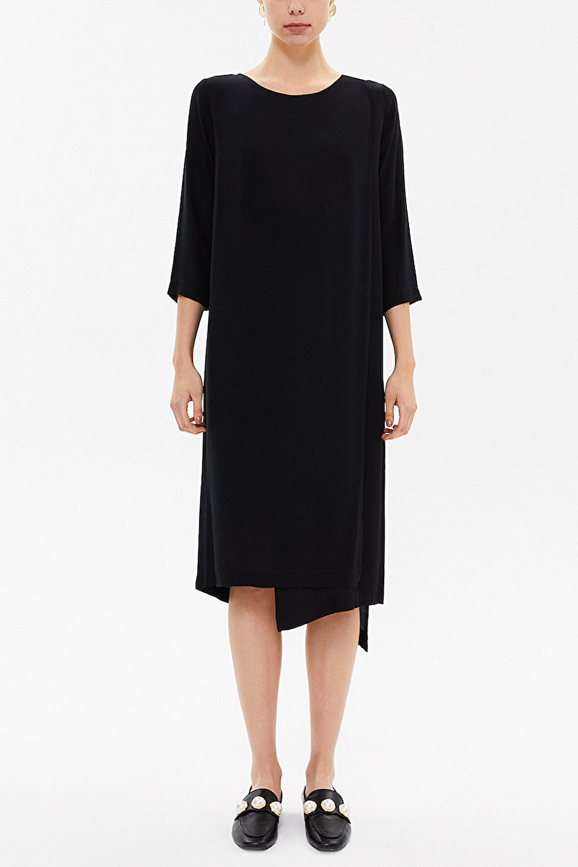 Siyah Asimetrik kesim midi  elbise 92212 | S