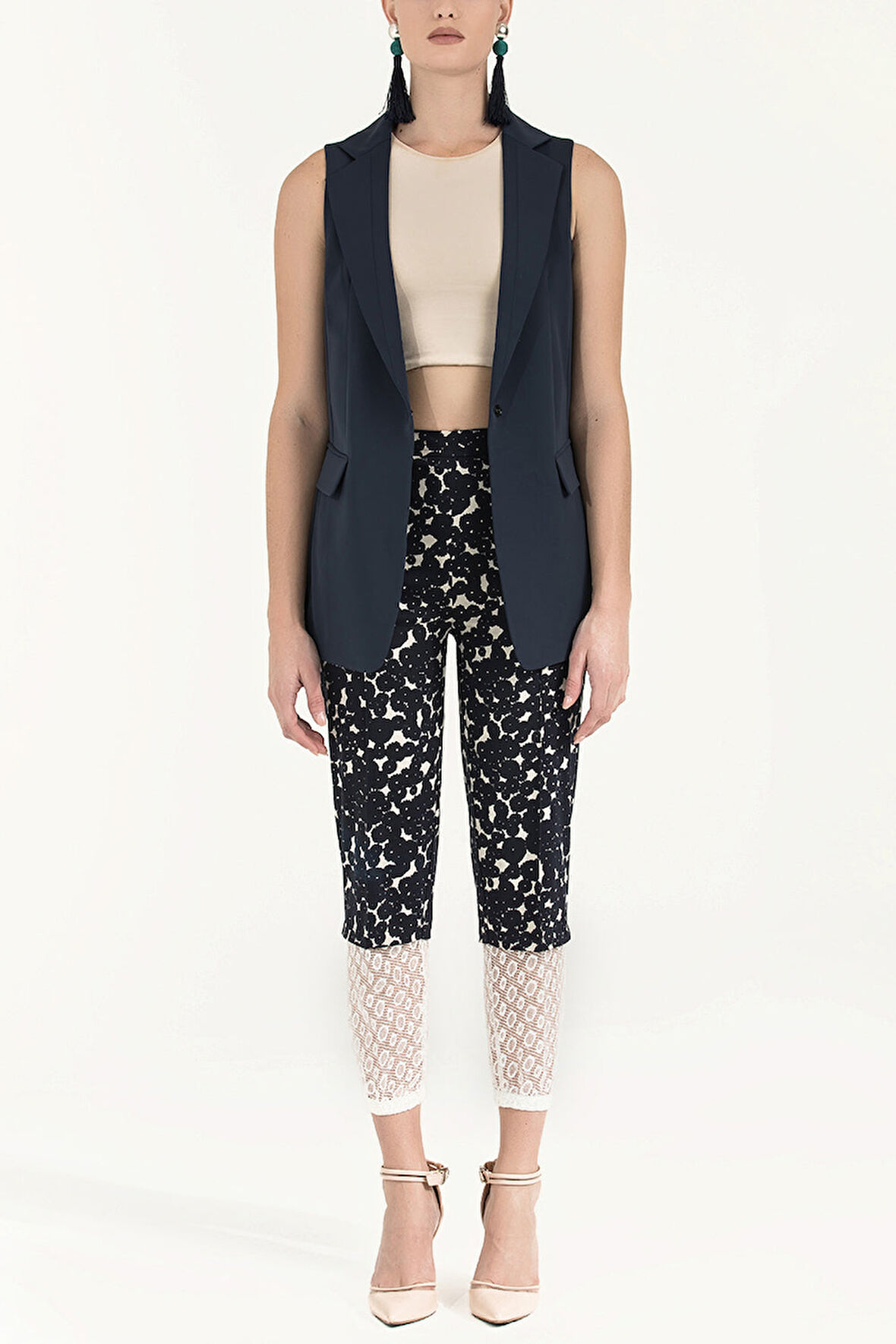 Lacivert Lastik ve dantelli pamuk pantolon 41300 | 42