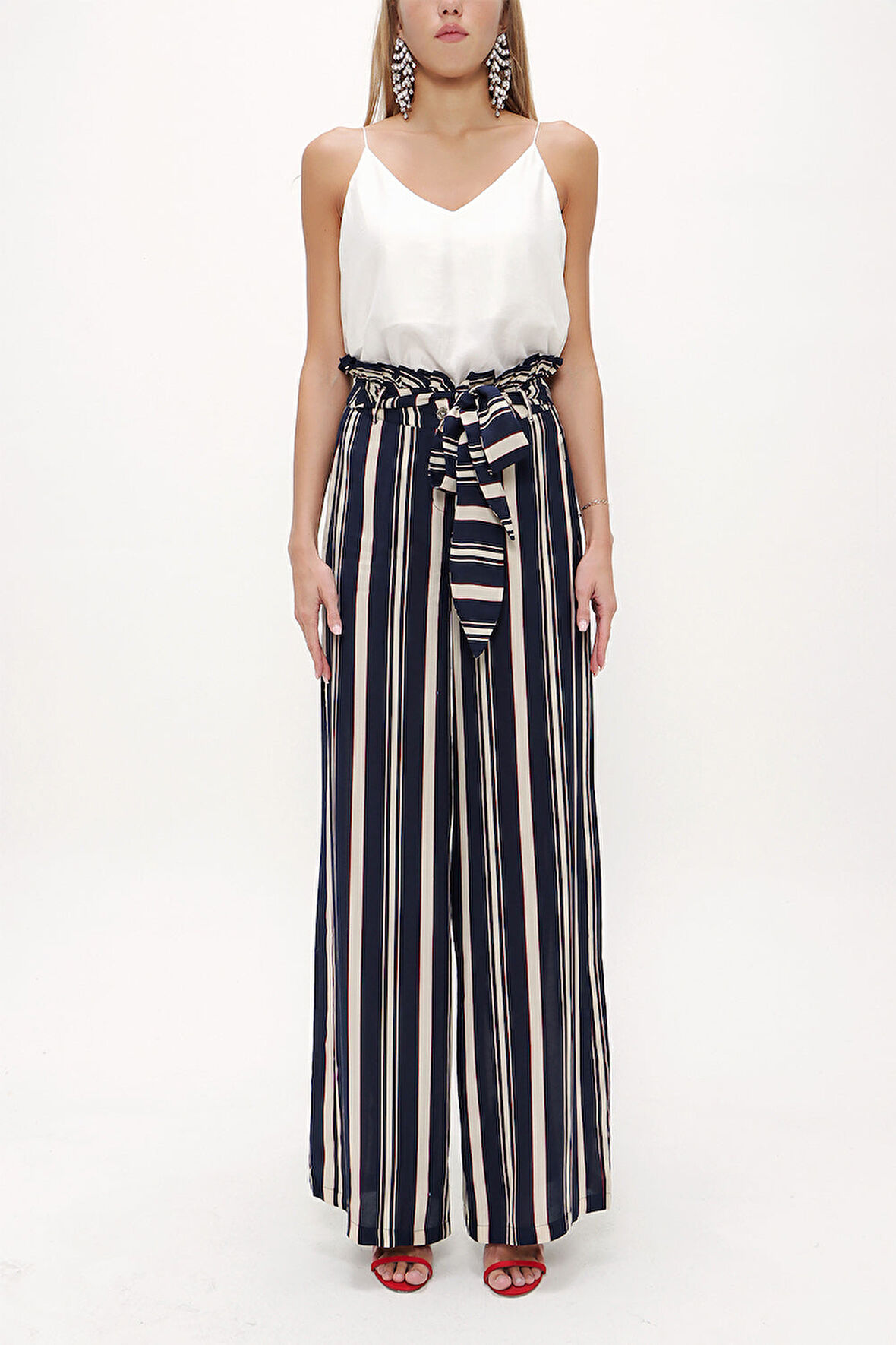 Çizgili Yüksek bel bol kesim pantolon 41302 | 42