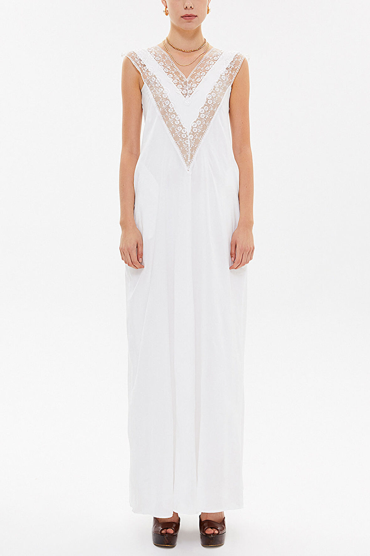 Beyaz V yaka dantelli uzun elbise 92254 | 40