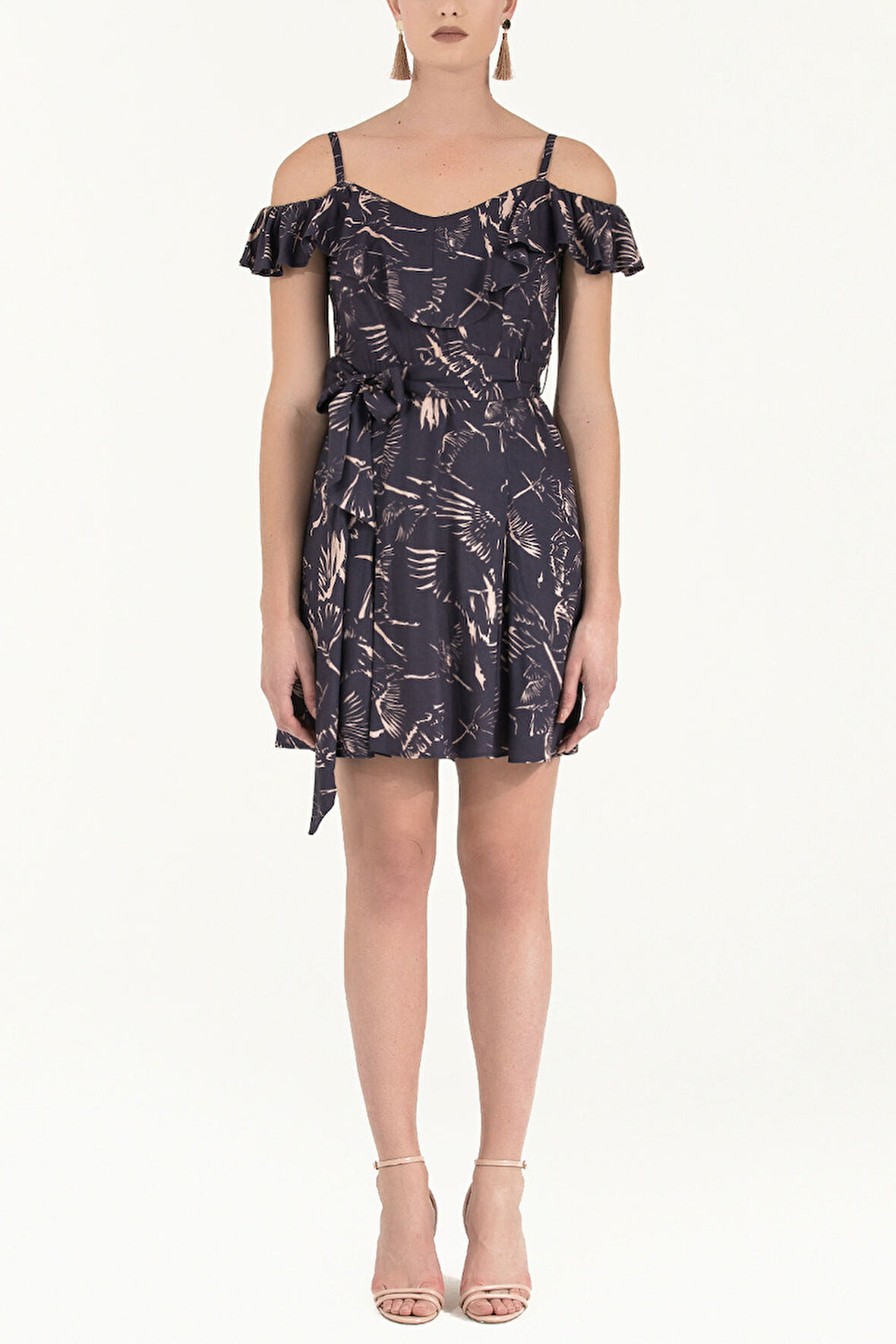 Somon Yakası volanlı askılı mini elbise 92356 | 44