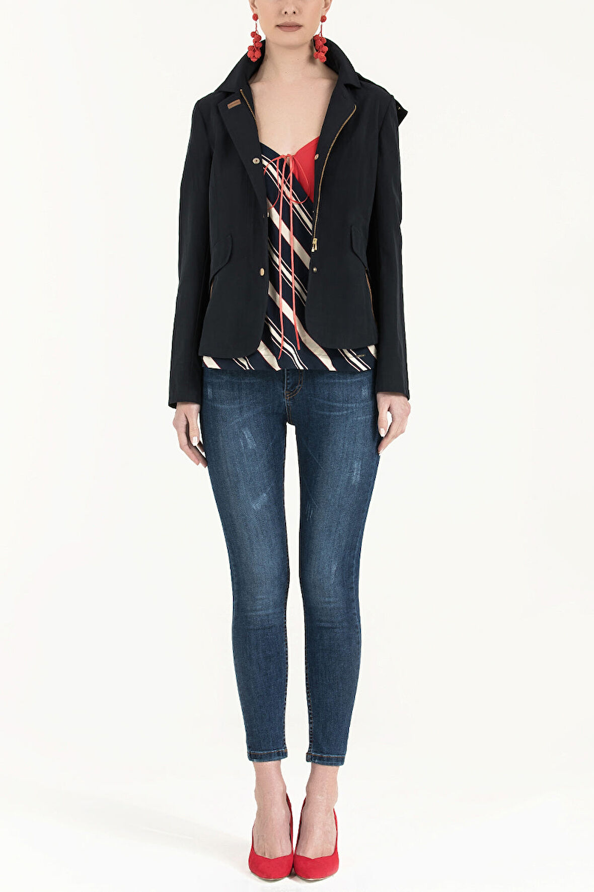 Çizgili Anvelop kapama askılı bluz 19689 | 42