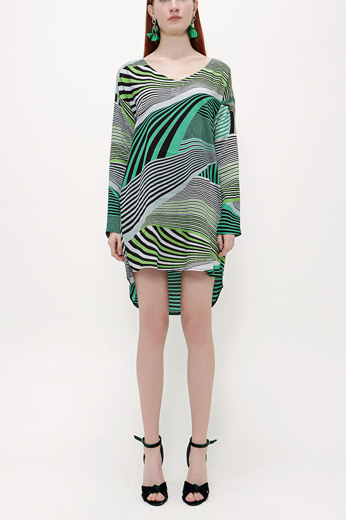 Yeşil V yaka bol kesim mini  elbise 92365 | 42