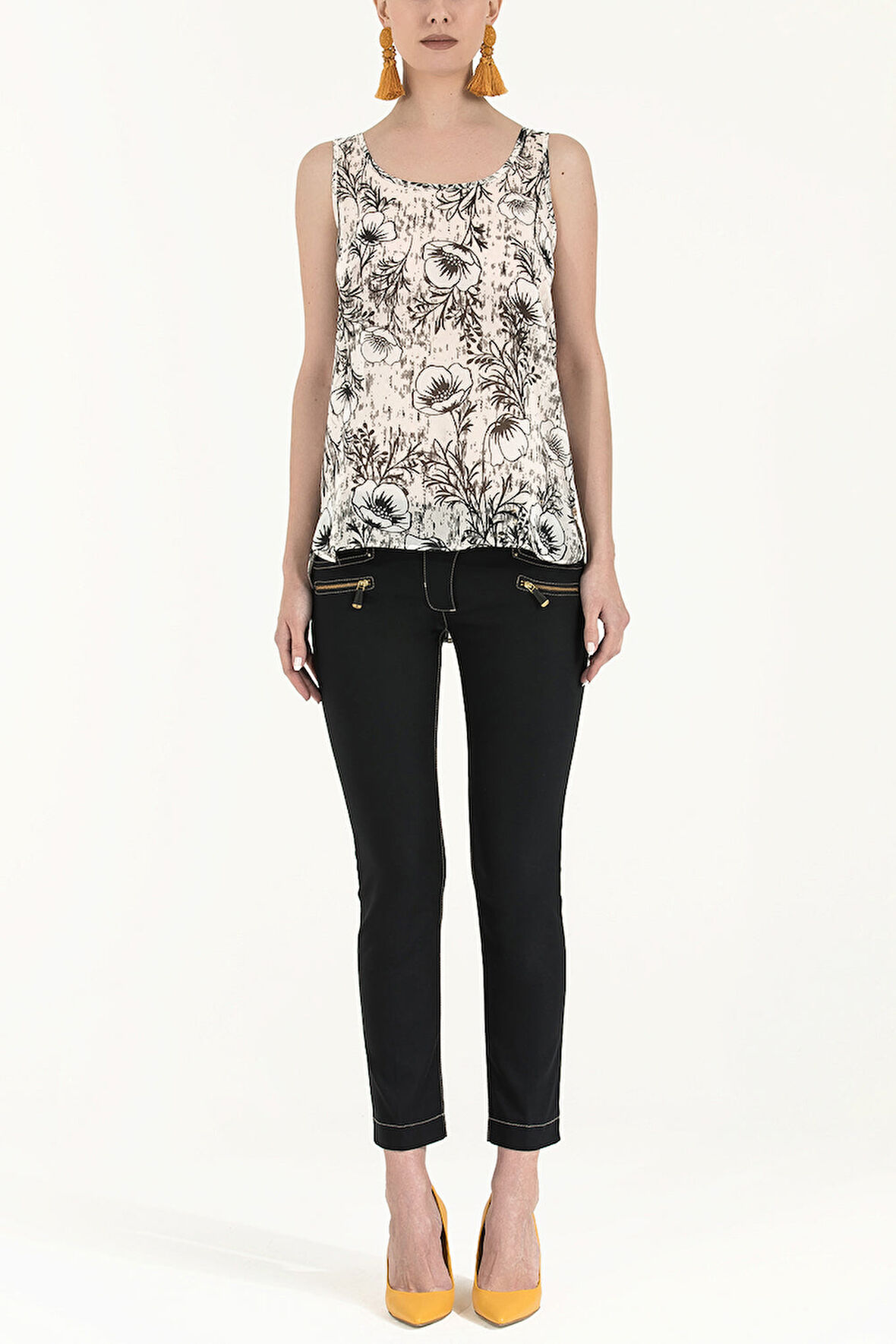 Ekru Desenli bol kesim kolsuz bluz 19692 | 44