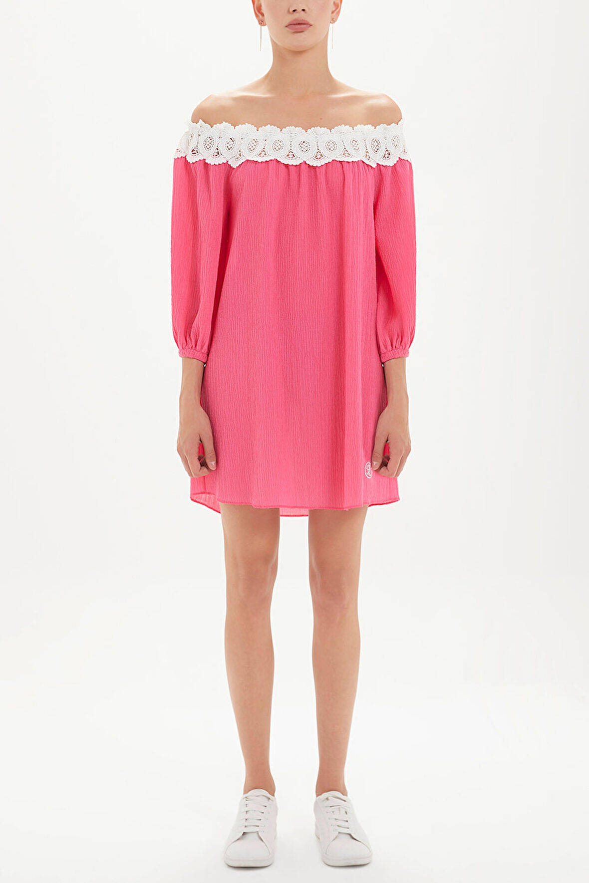 Pembe Düşük omuz dantelli mini elbise 92307 | 44