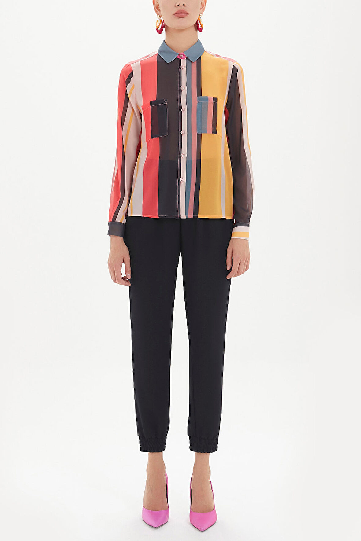 Çizgili Bol kesim şifon bluz 10677 | 46