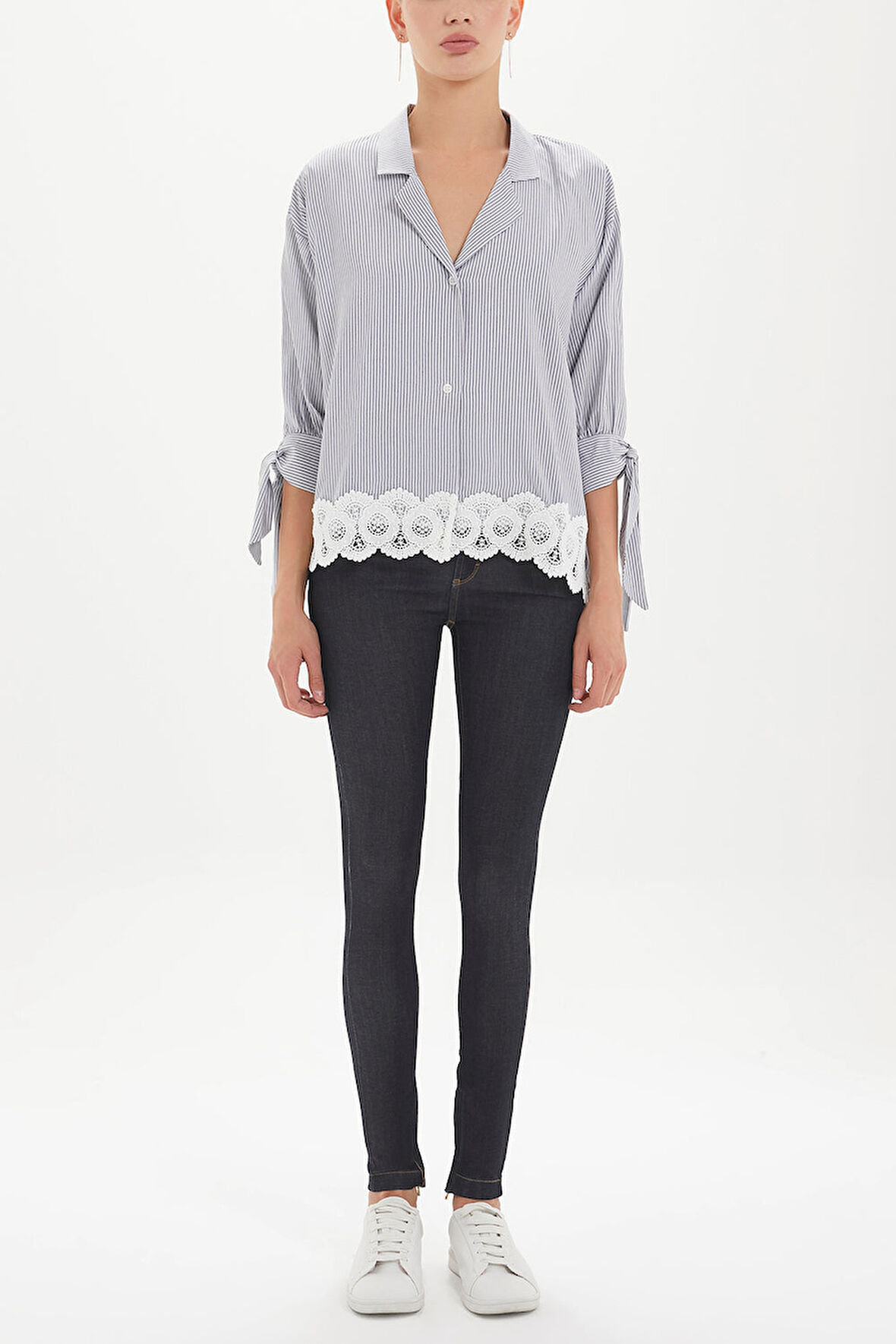 Çizgili Eteği dantelli bol kesim gömlek 10679 | 42