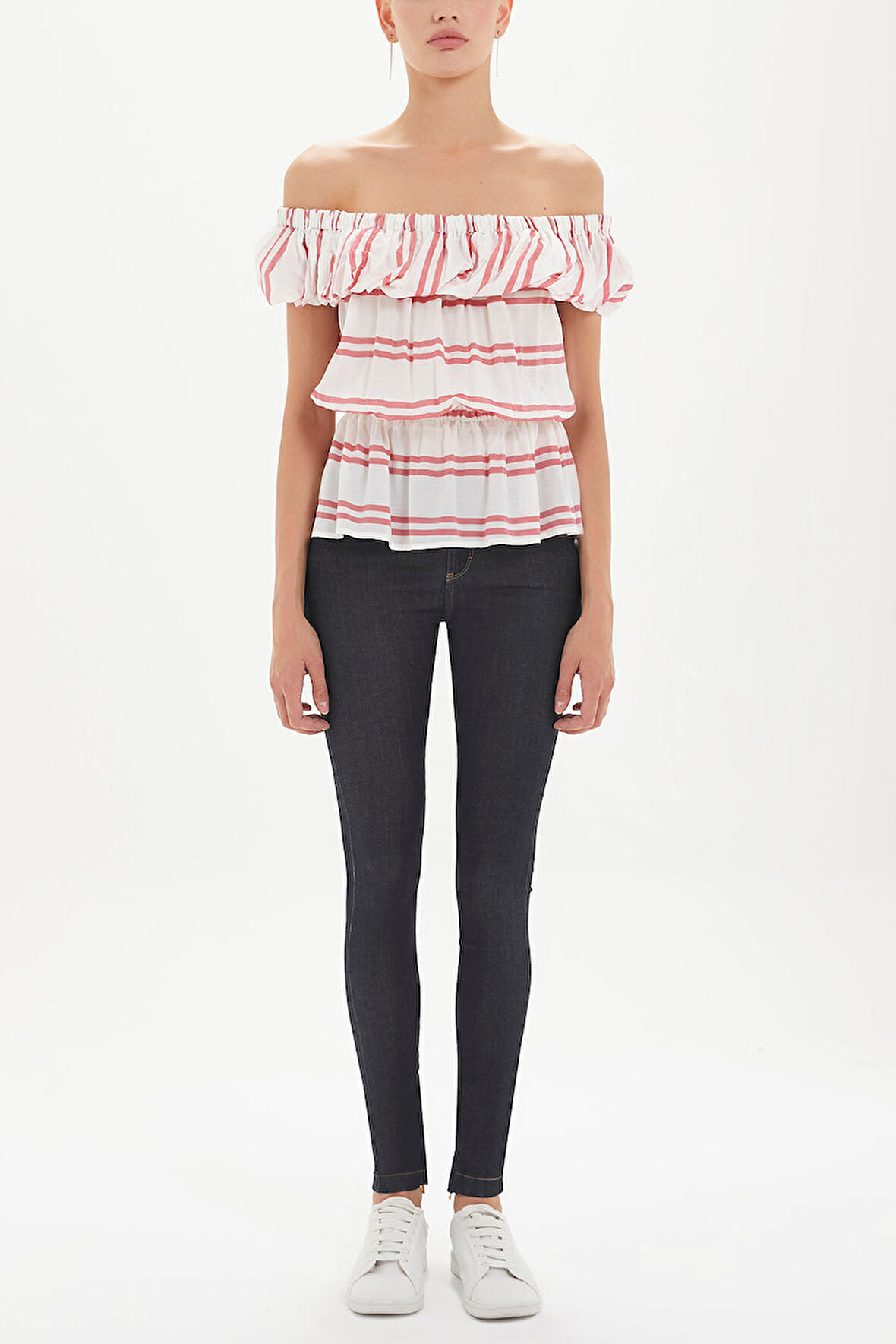 Kırmızı Düşük omuz büzgülü bluz 19714 | 44