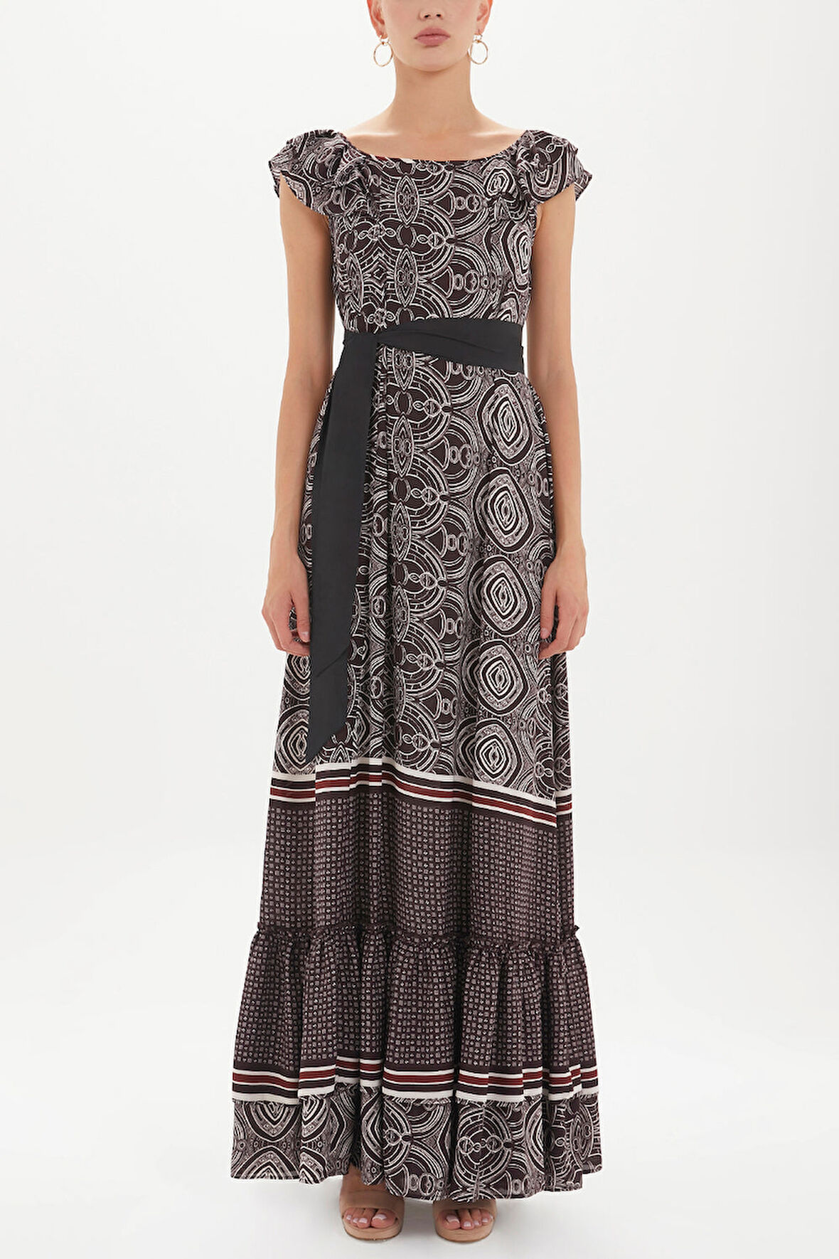 Bordo Omuzları fırfırlı uzun elbise 92390 | 42