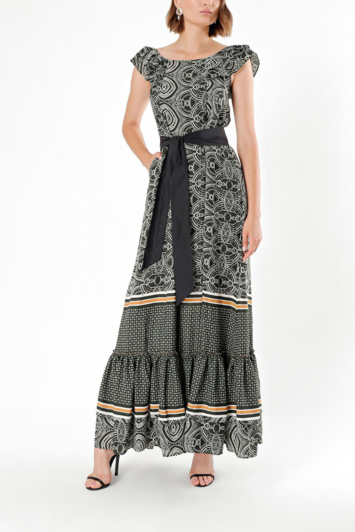 Yeşil Omuzları fırfırlı uzun elbise 92390 | 44