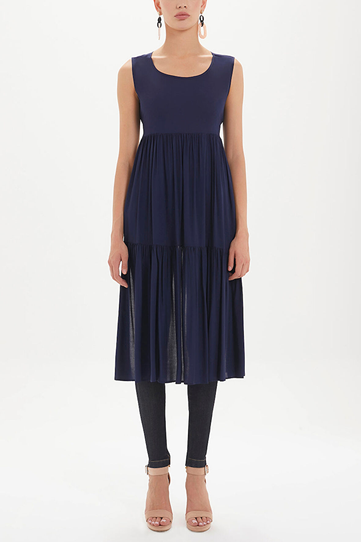 Lacivert Sırt dekolteli kısa kollu midi elbise 92399 | 40