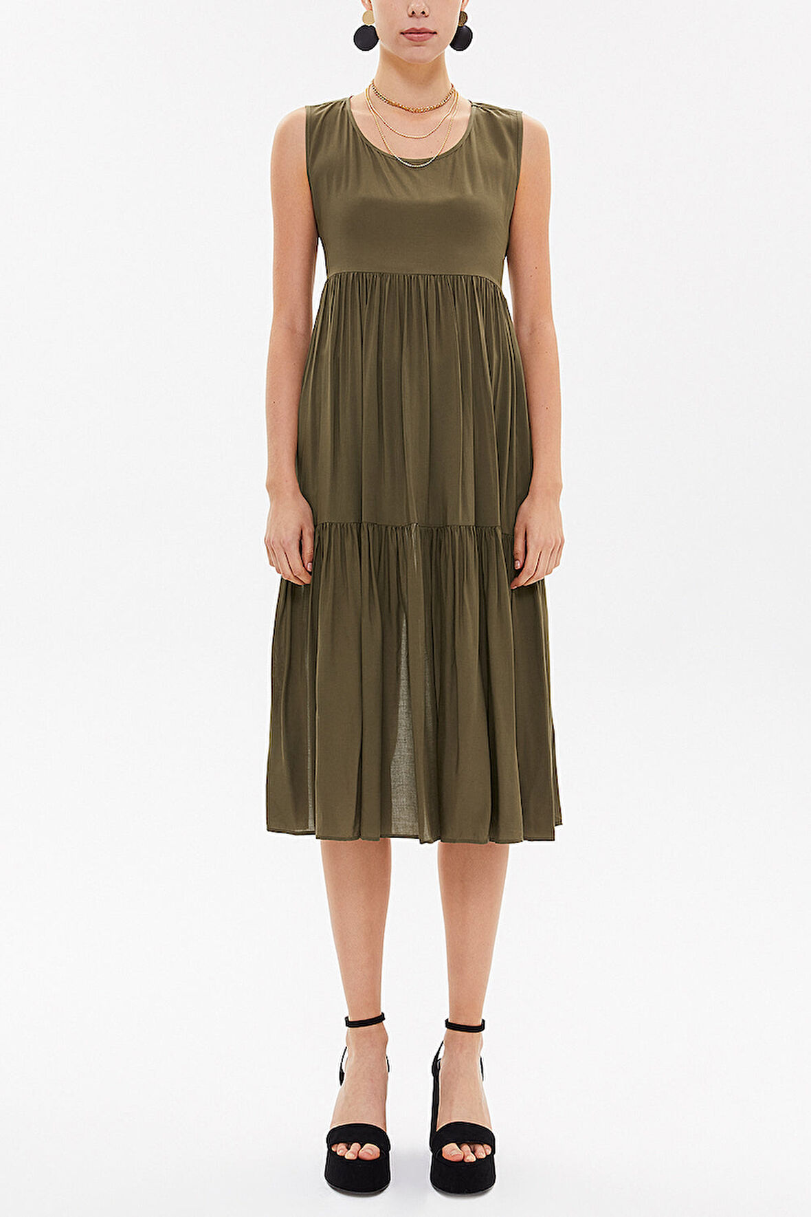 Haki Sırt dekolteli kısa kollu midi elbise 92399 | 40