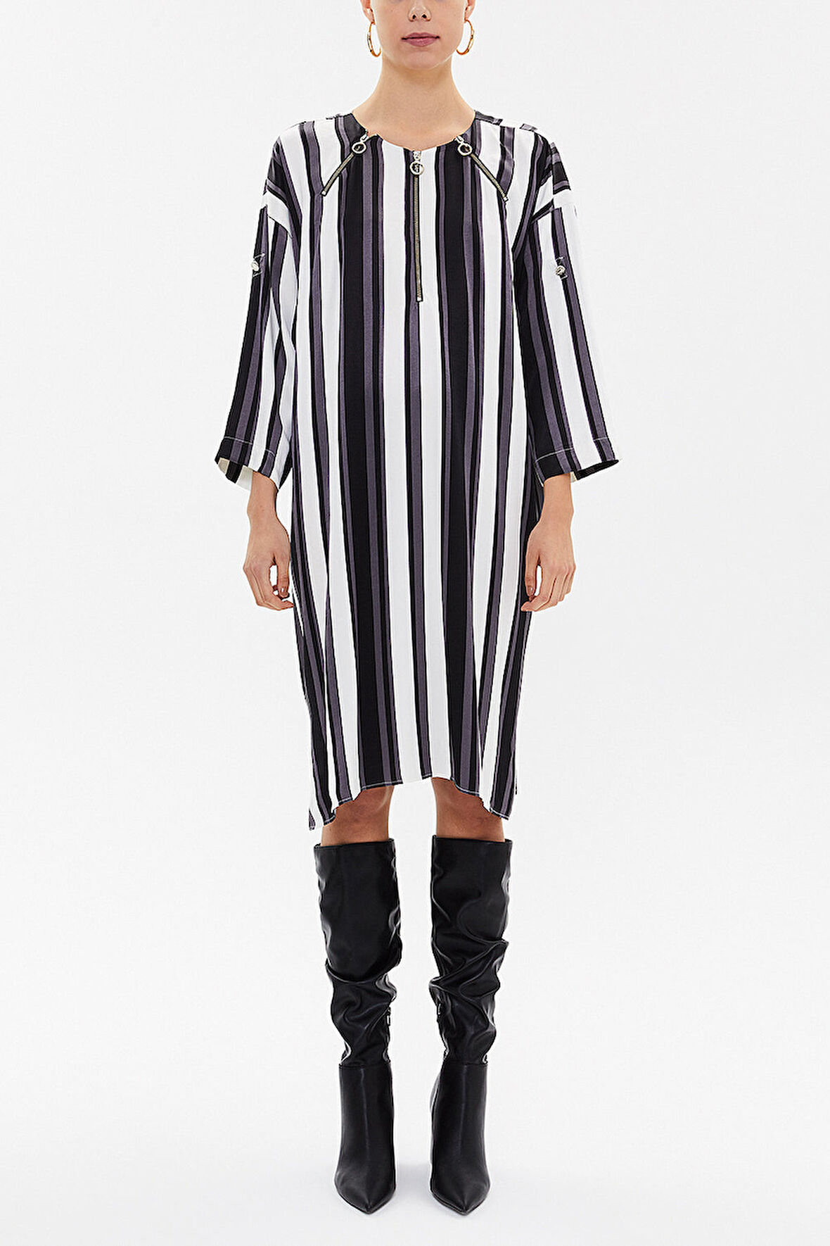 Çizgili Fermuar detaylı desenli midi elbise 92294 | 46