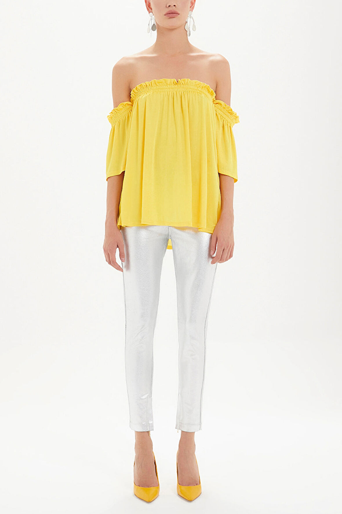 Sarı Lastikli düşük omuz örme bluz 19702 | 42