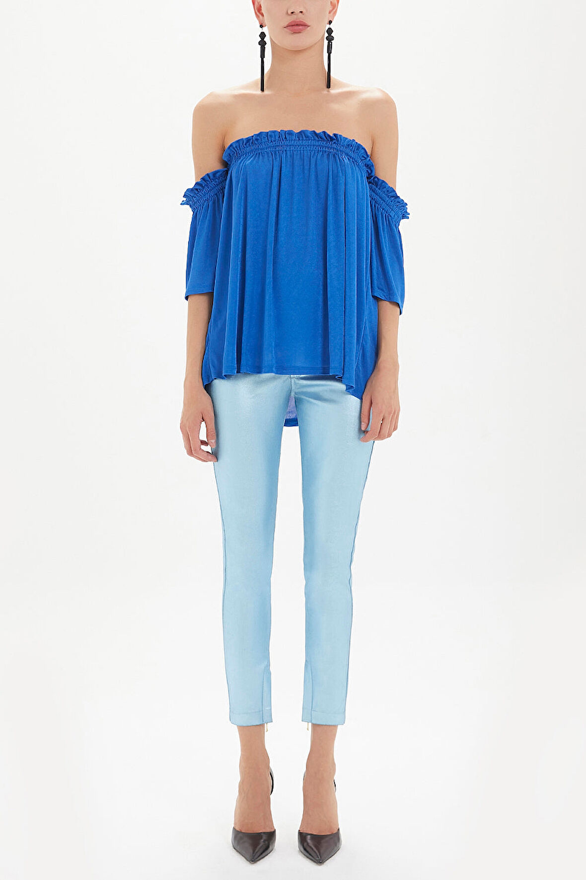 Saks Lastikli düşük omuz örme bluz 19702 | 42