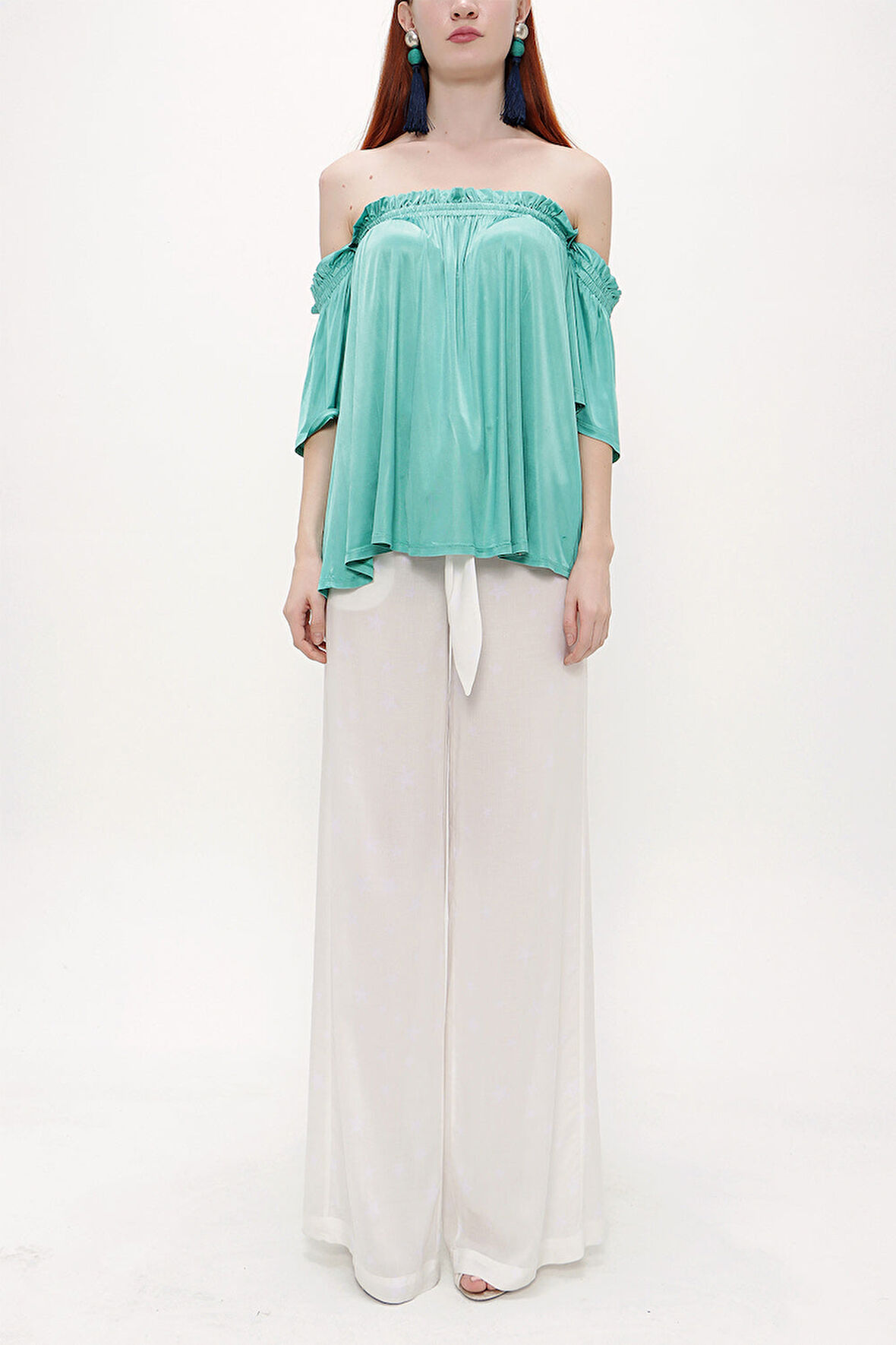 Yeşil Lastikli düşük omuz örme bluz 19702 | 40