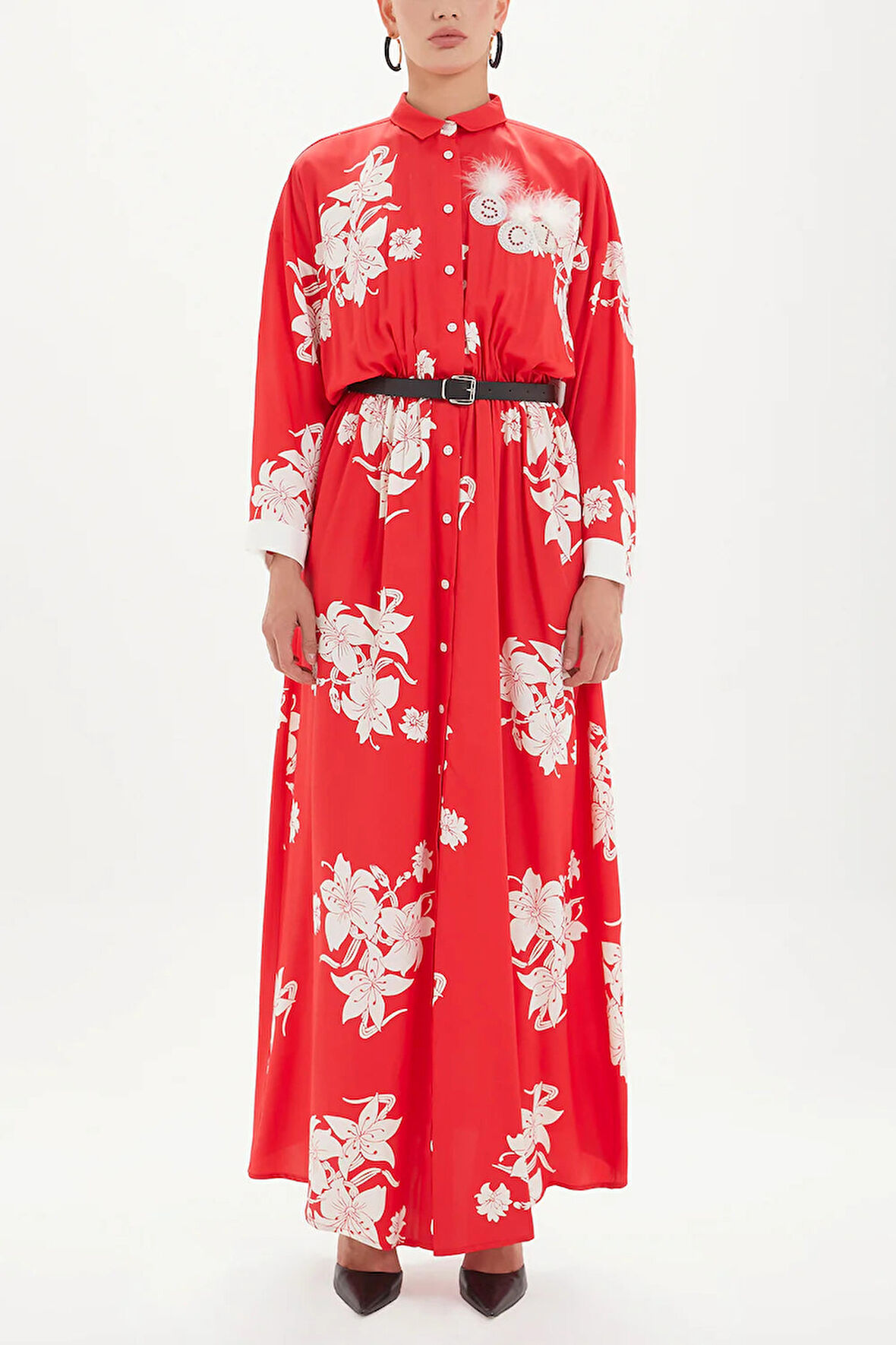 Kırmızı Kemerli uzun  elbise 92433 | 42