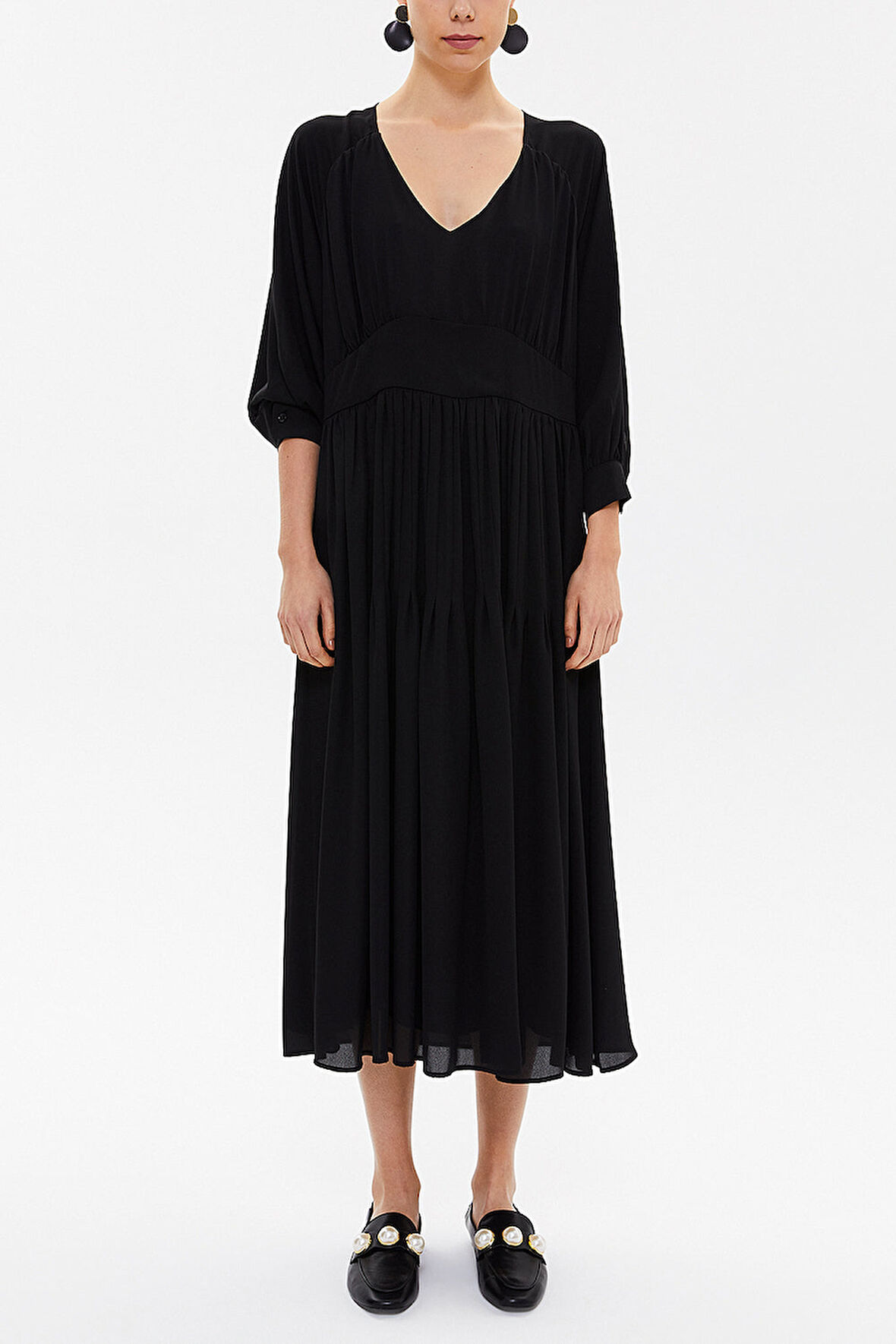 Siyah V yaka büzgülü bol kesim midi  elbise 92479 | S