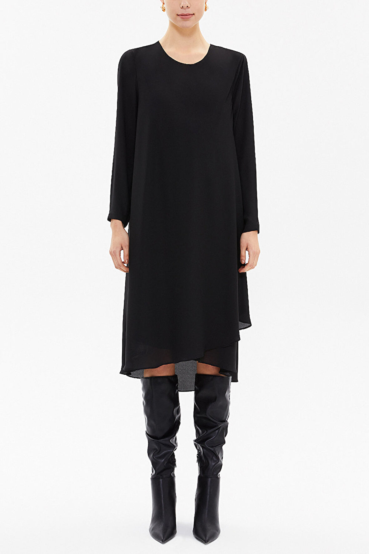 Siyah Asimetrik kesim şifon midi elbise 92549 | L