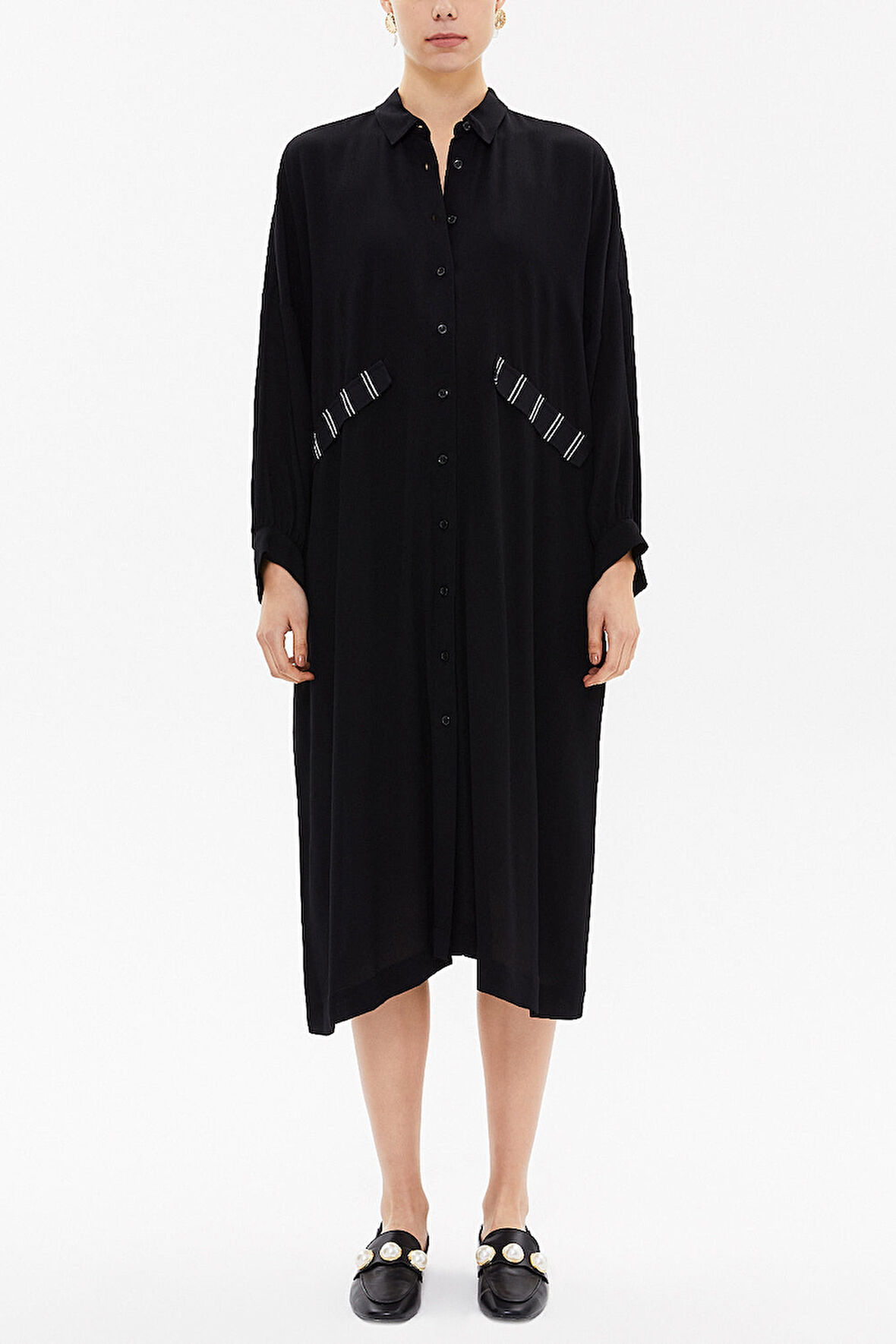 Siyah Düşük omuz cepli midi elbise 92478 | S