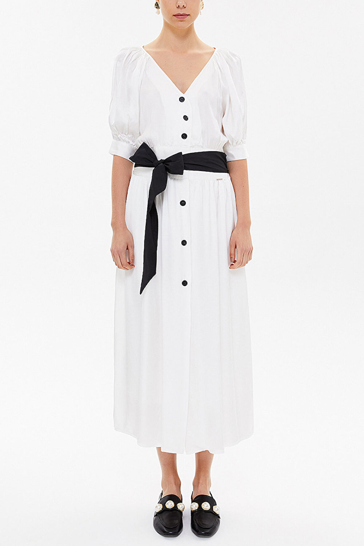 Beyaz V yaka uzun elbise 92761 | 40